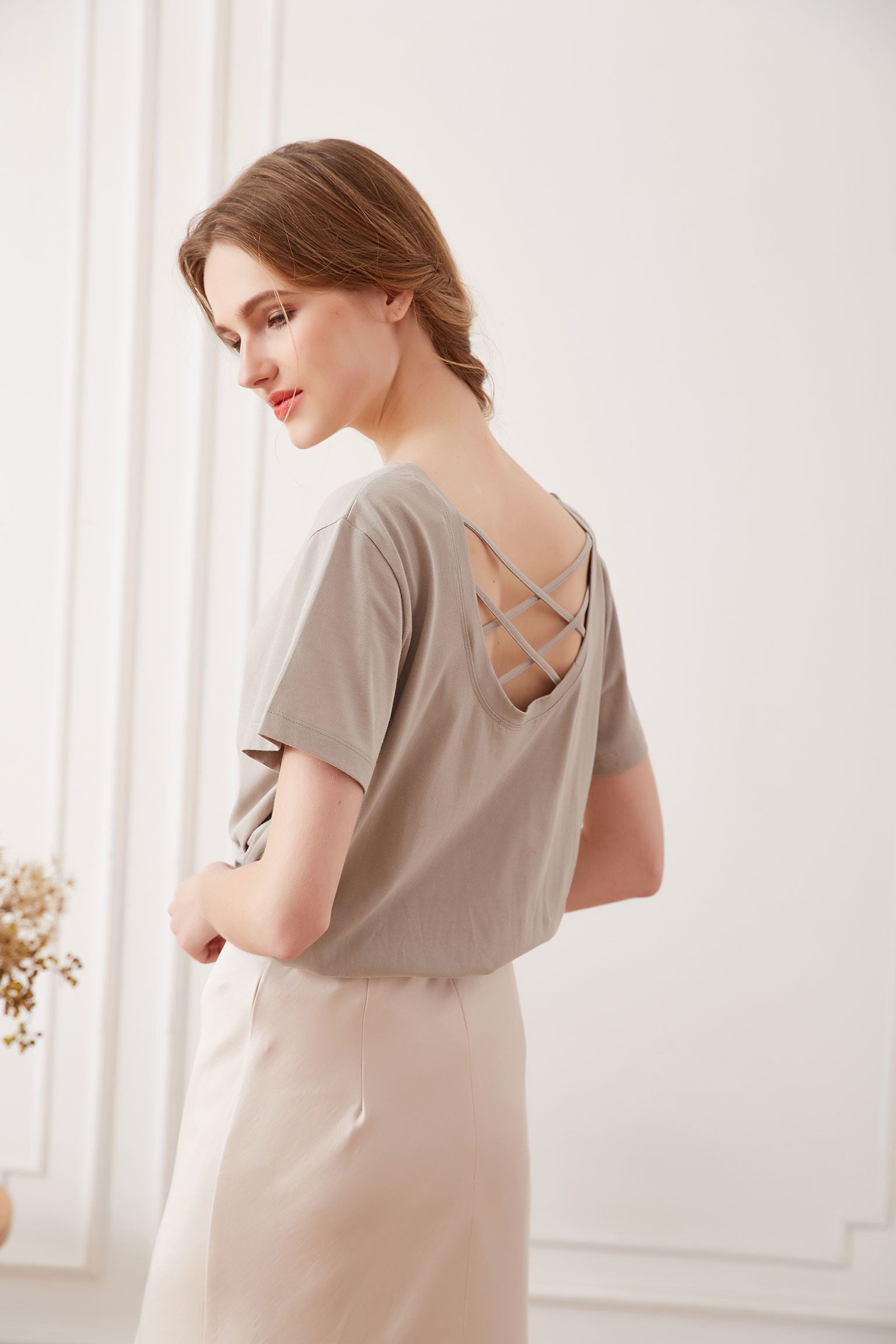 Cotton T-shirt with Crisscross Back, Light Beige