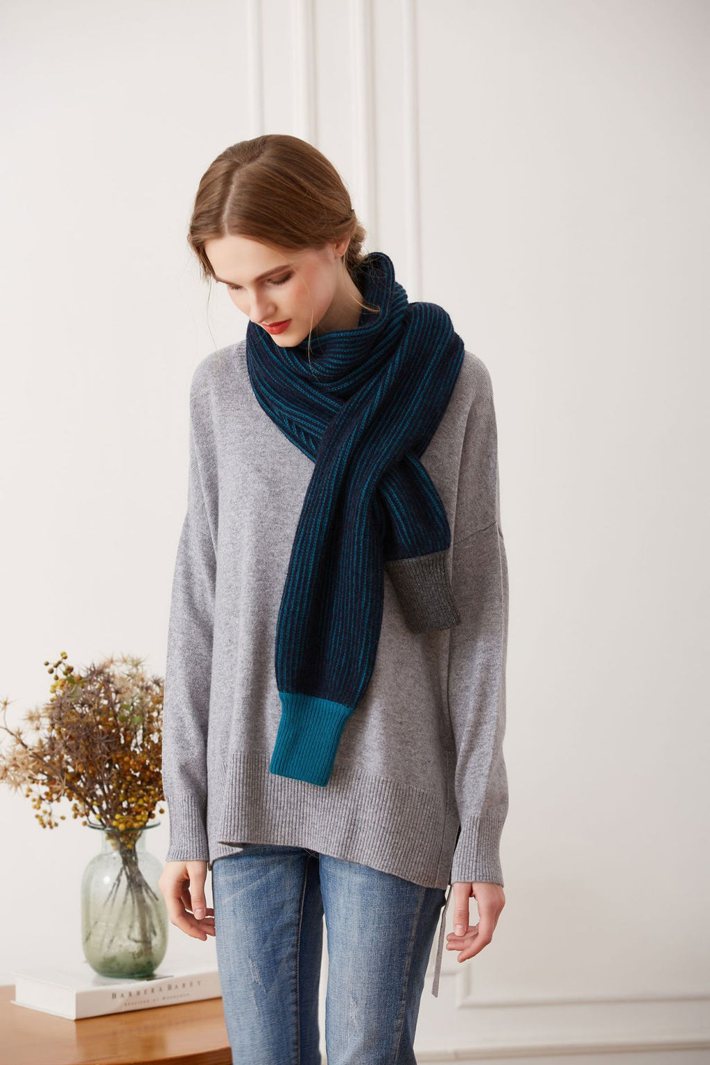 Cashmere Sleeves Scarf, Navy & Teal
