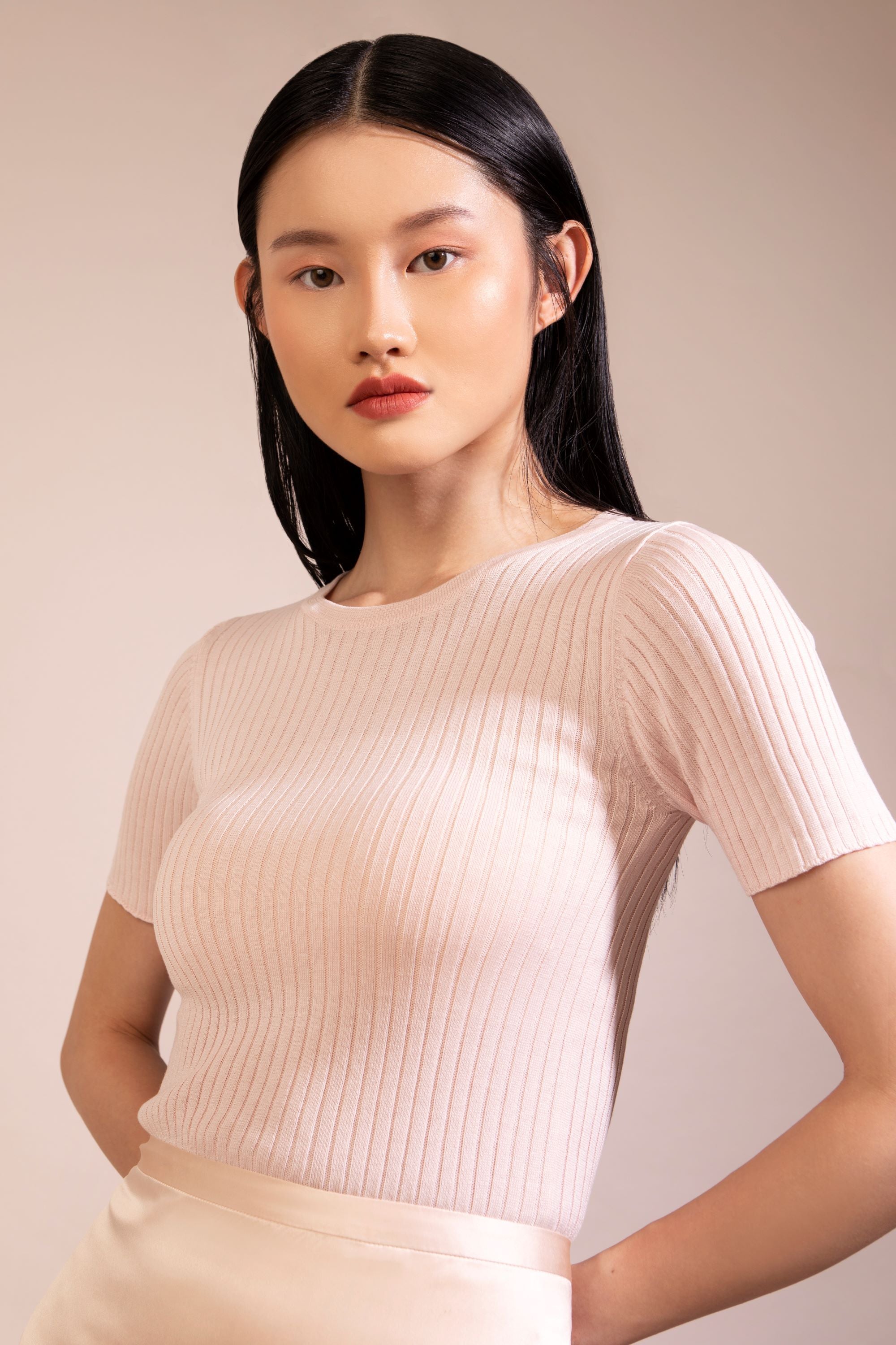 Silk Cotton Short Sleeve Ribbed Sweater, Misty Rose