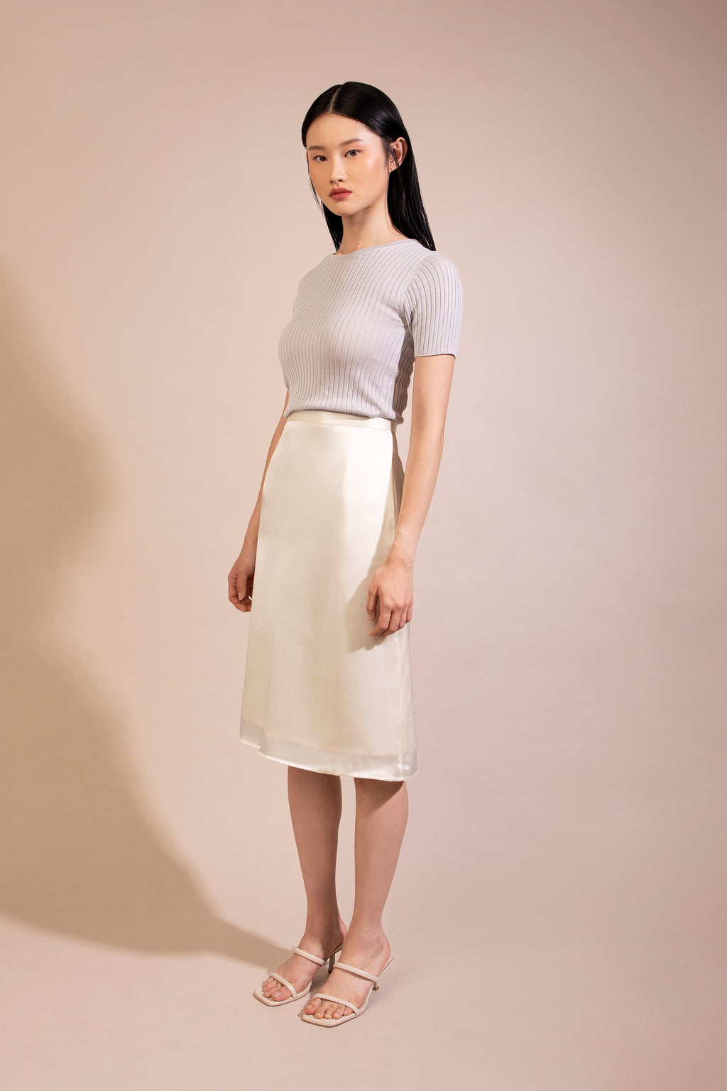 Silk Cotton Short Sleeve Ribbed Sweater, Light Beige