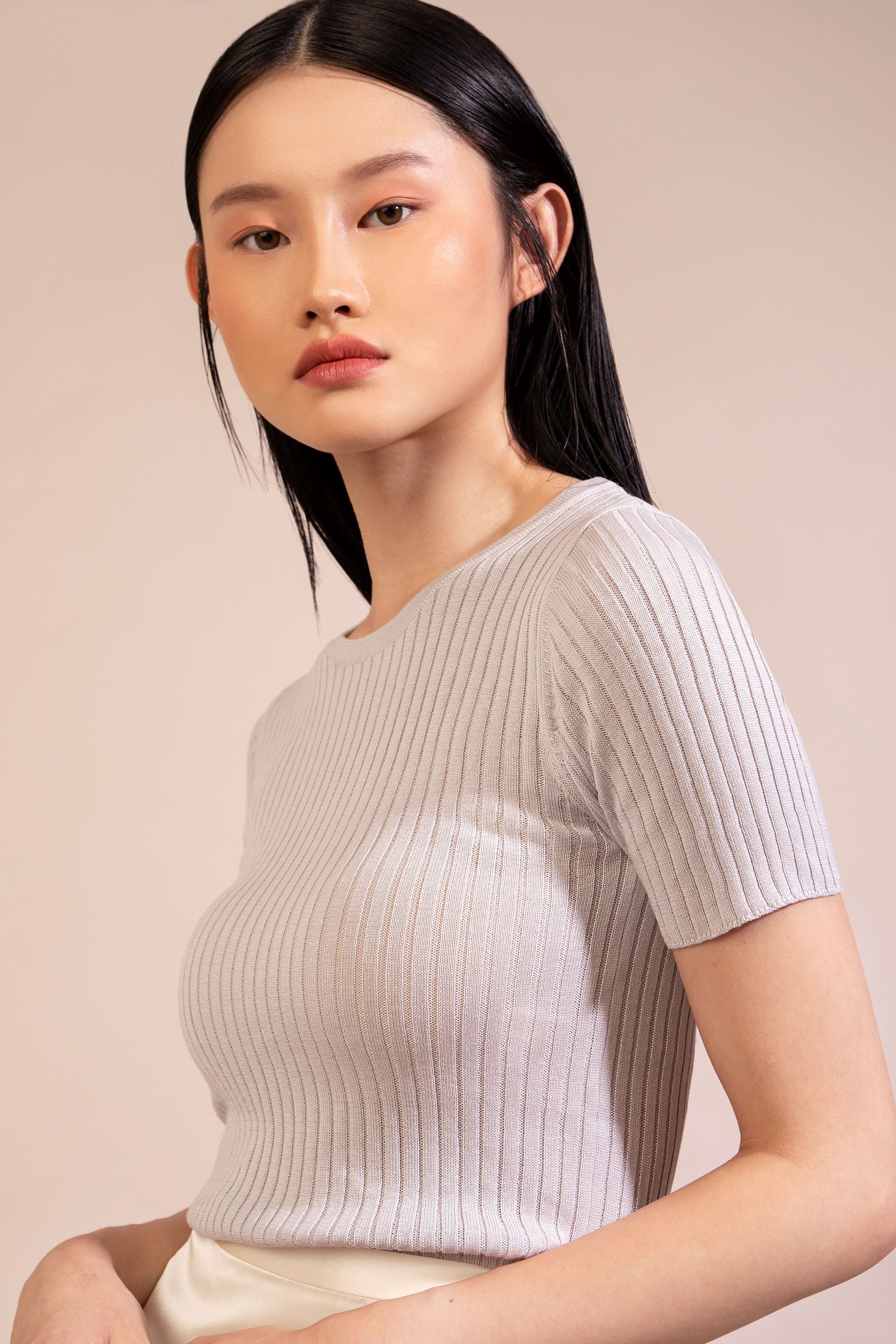 Silk Cotton Short Sleeve Ribbed Sweater, Light Beige