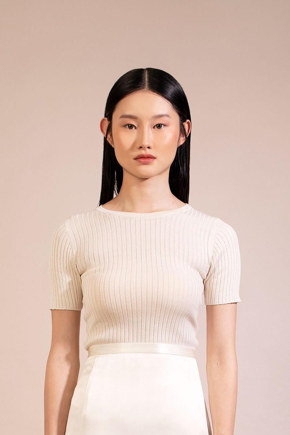 Silk Cotton Short Sleeve Ribbed Sweater, White