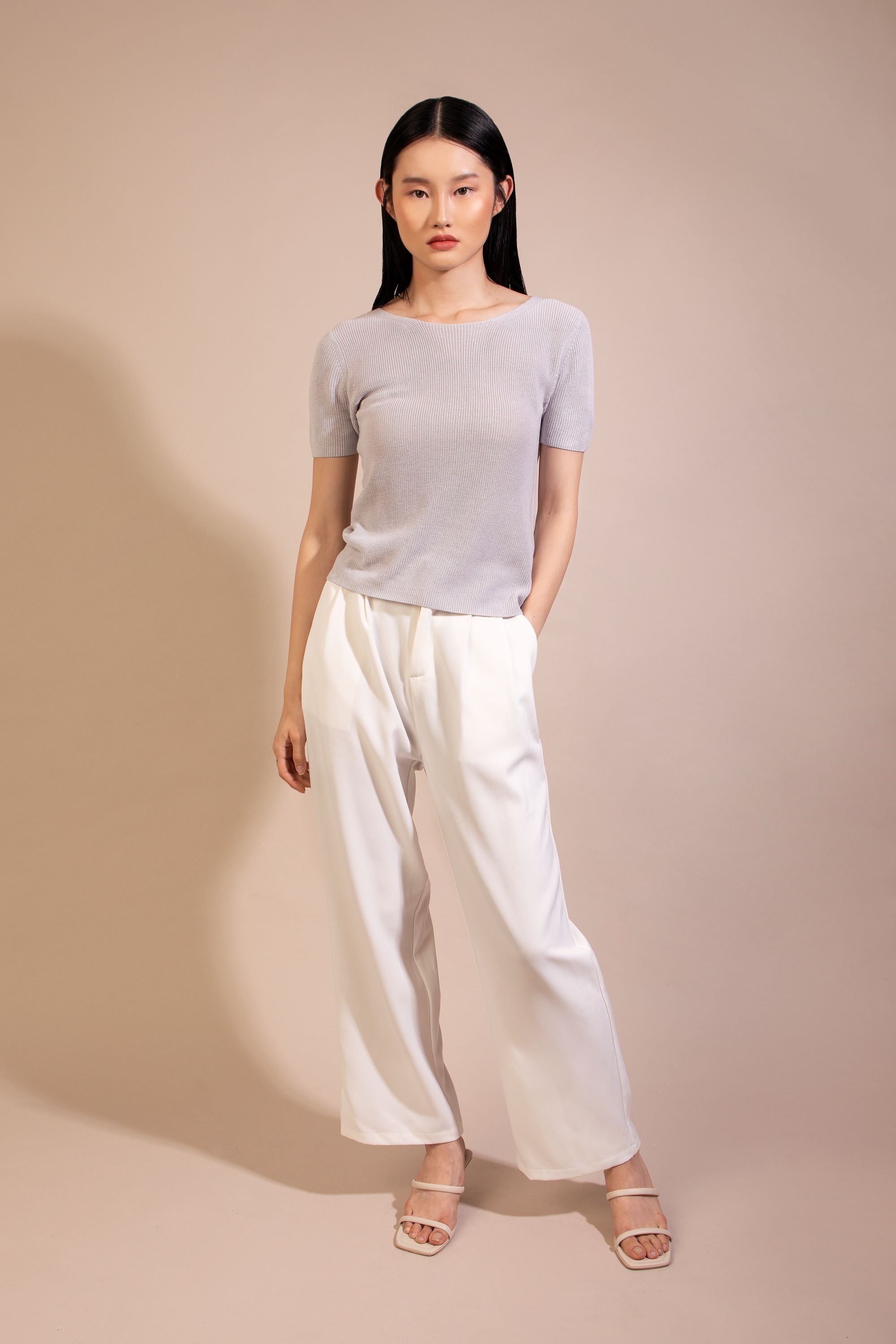 Silk Cotton Short Sleeve Sweater, Light Beige