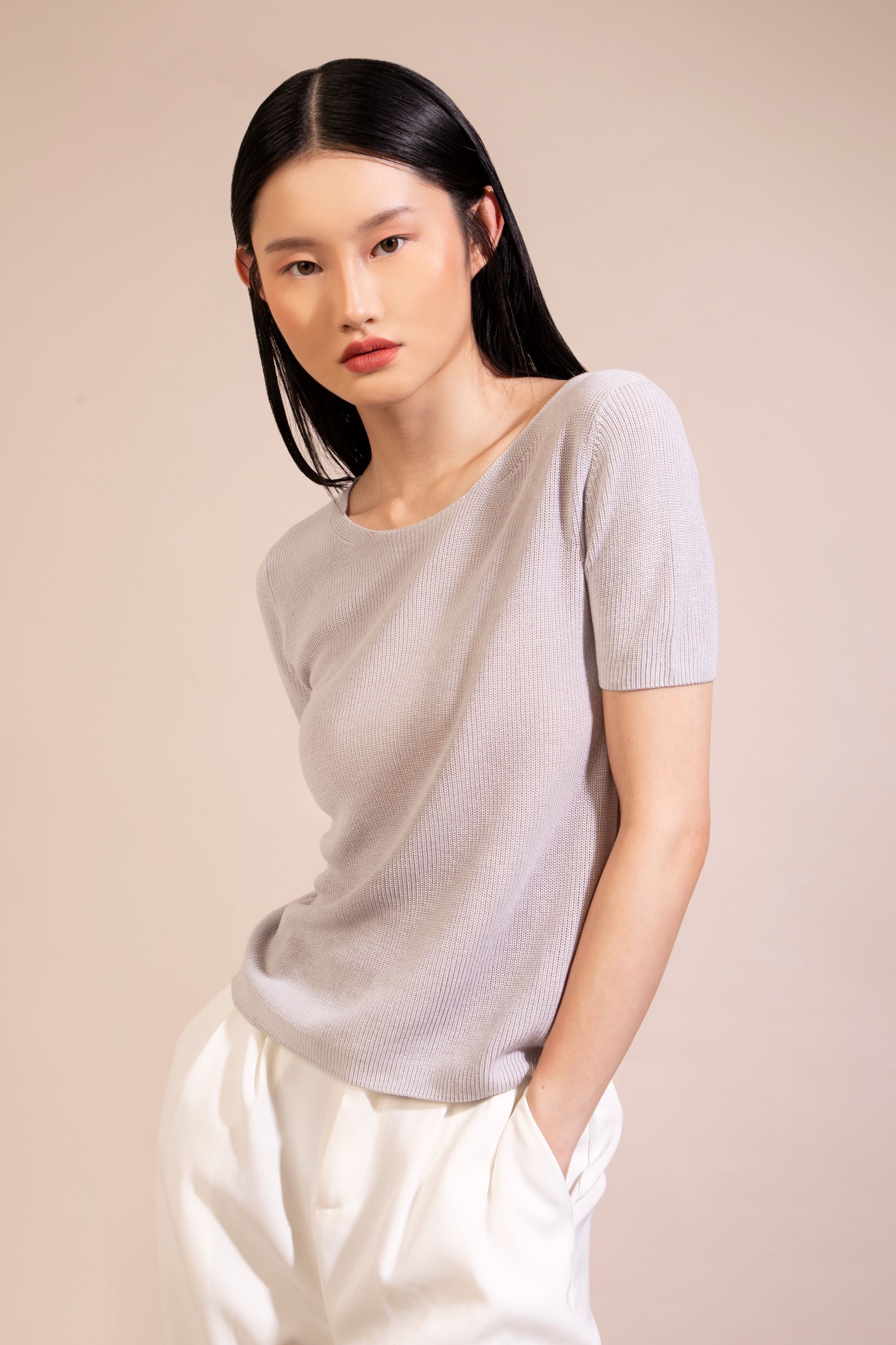 Silk Cotton Short Sleeve Sweater, Light Beige