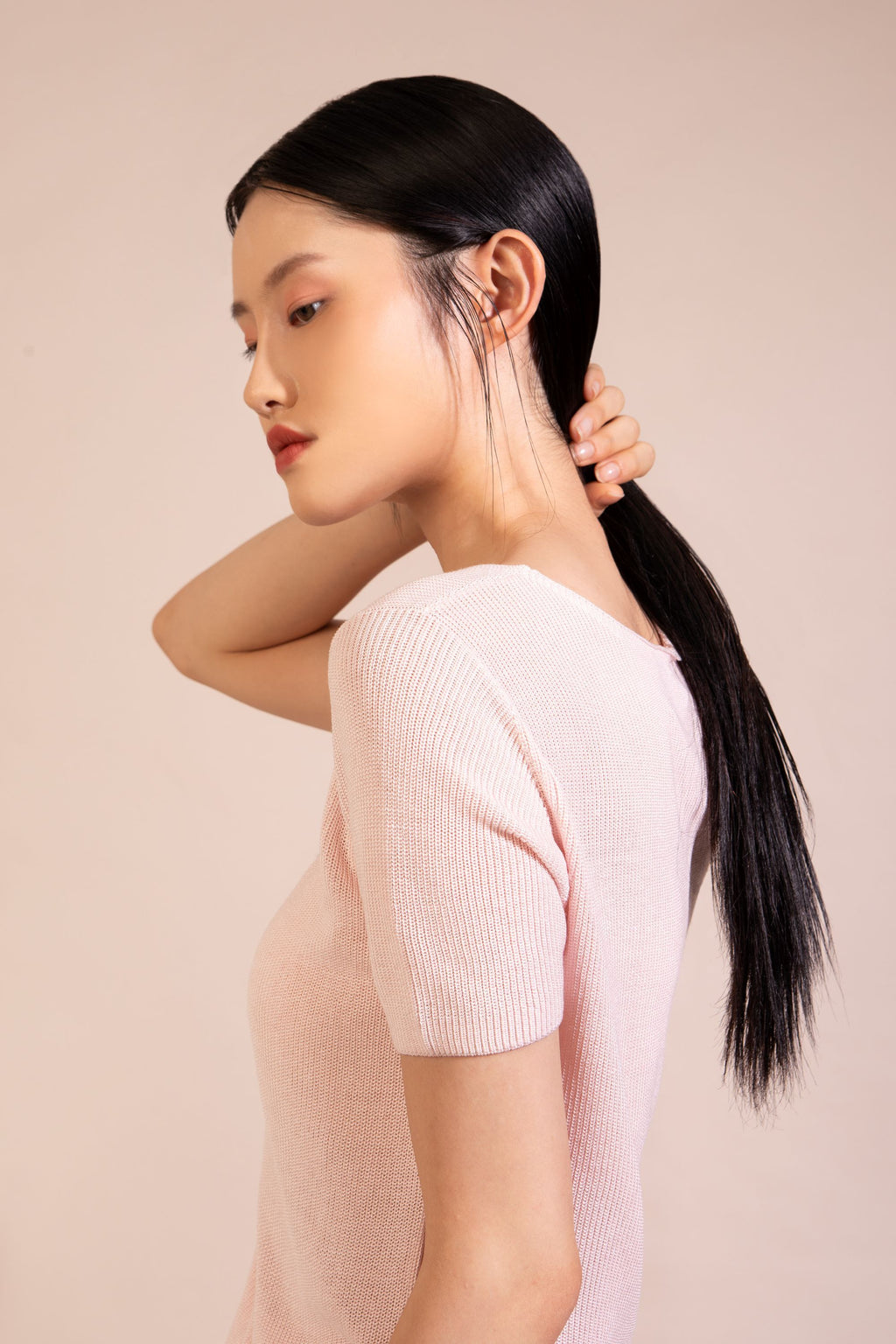 Silk Cotton Short Sleeve Sweater, Blush Pink
