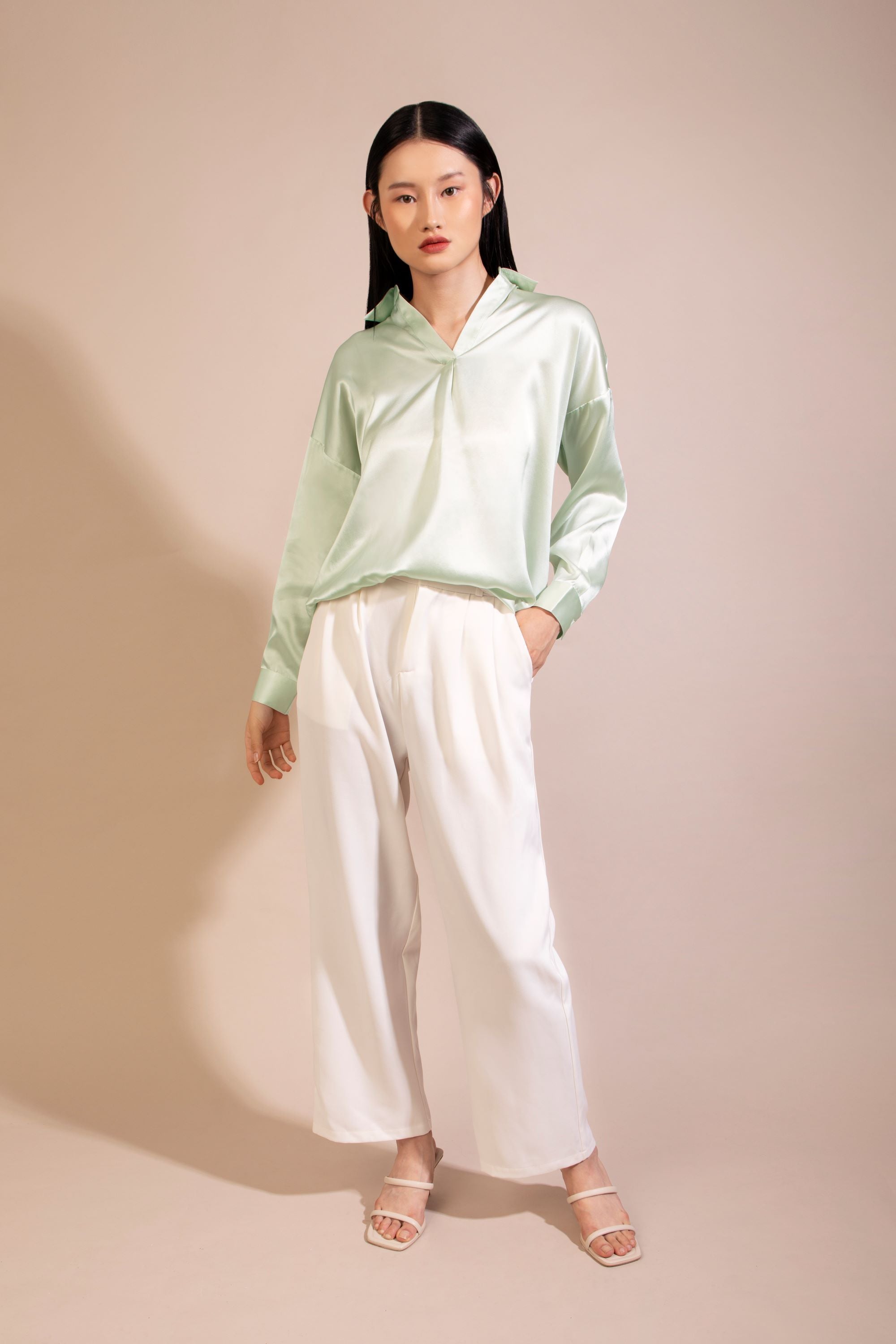 Silk Long Sleeve Shirt, Mint Green