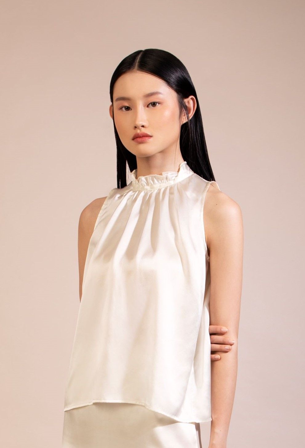 Silk Sleeveless Top with Ruffled Collar