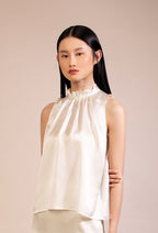 Silk Sleeveless Top with Ruffled Collar