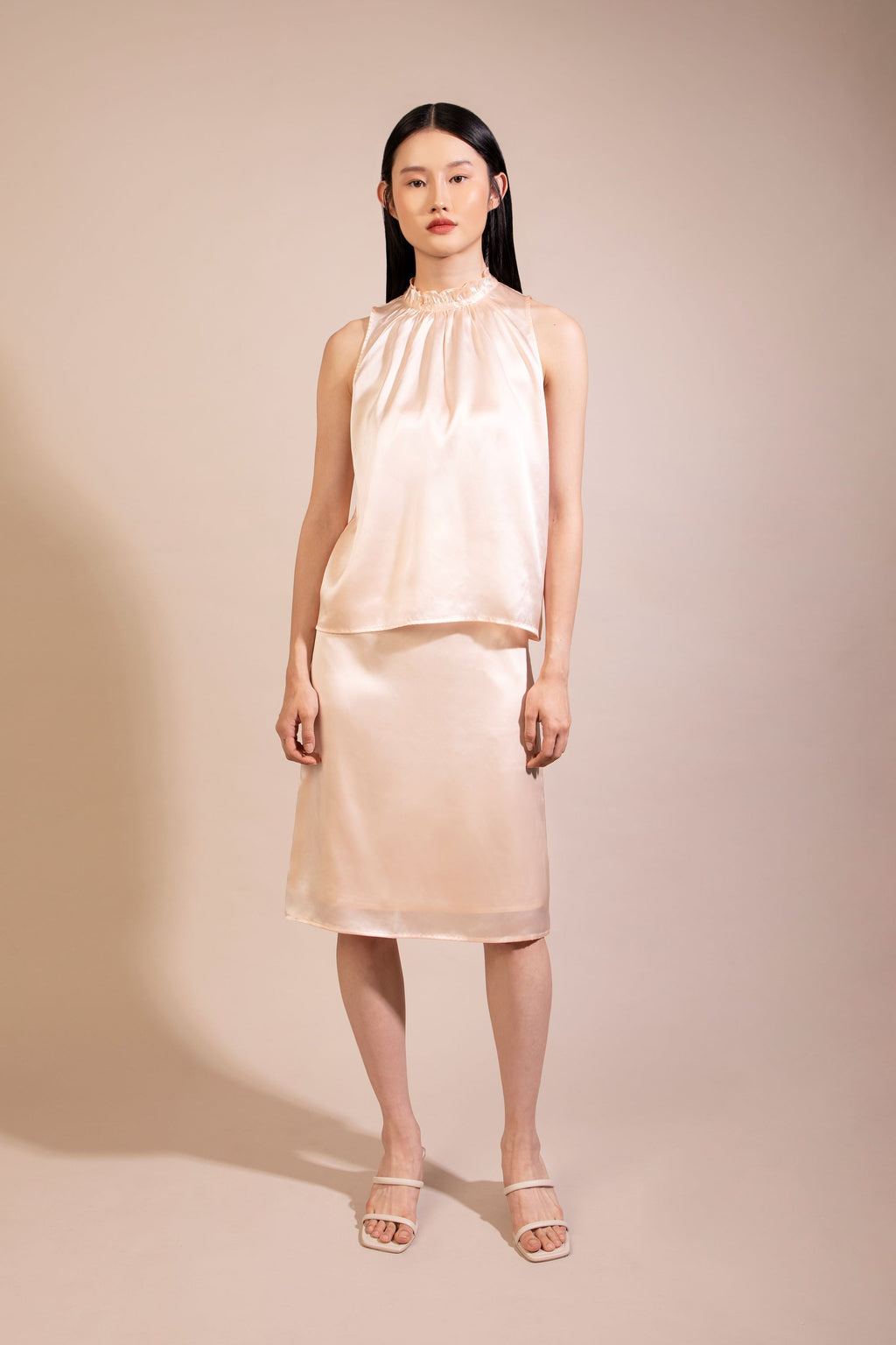 Silk Sleeveless Top with Ruffled Collar