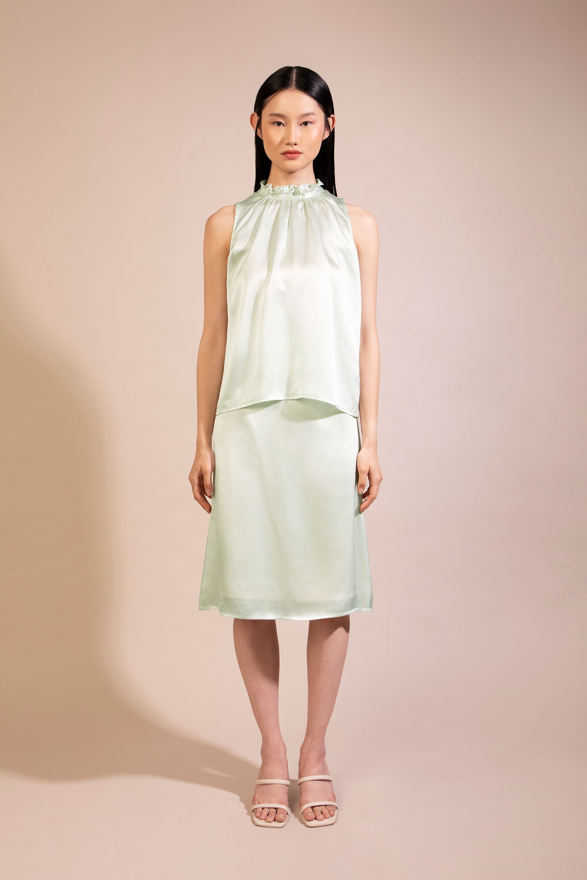 Silk Sleeveless Top with Ruffled Collar, Mint Green