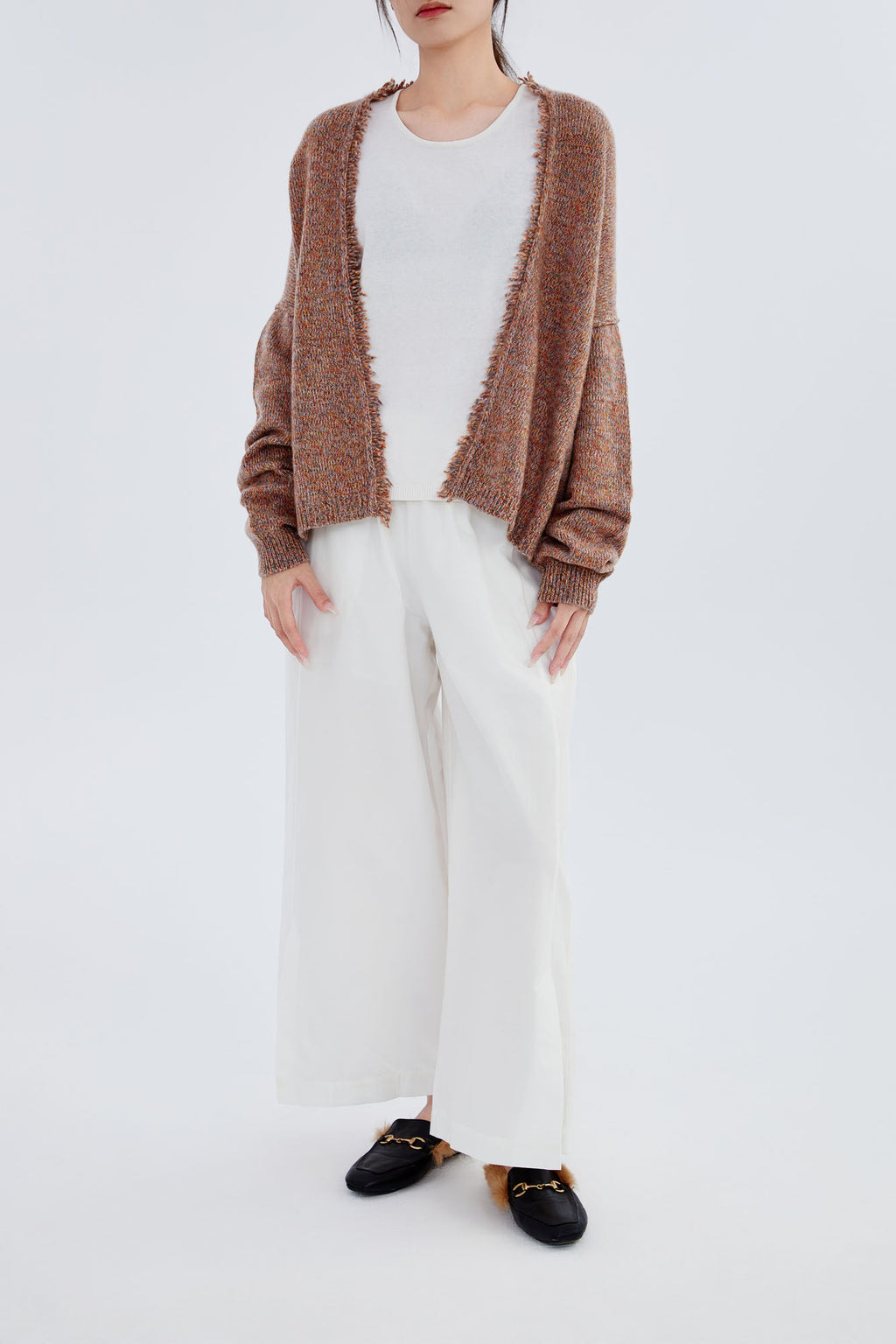 Cashmere Cropped Melange Open Cardigan