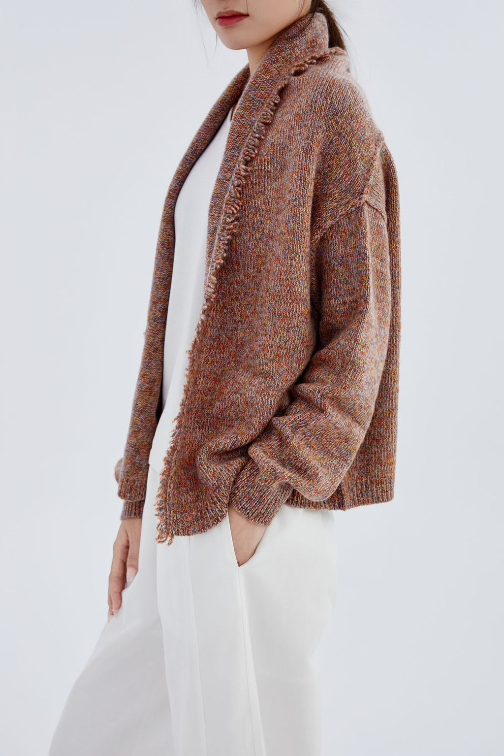 Cashmere Cropped Melange Open Cardigan