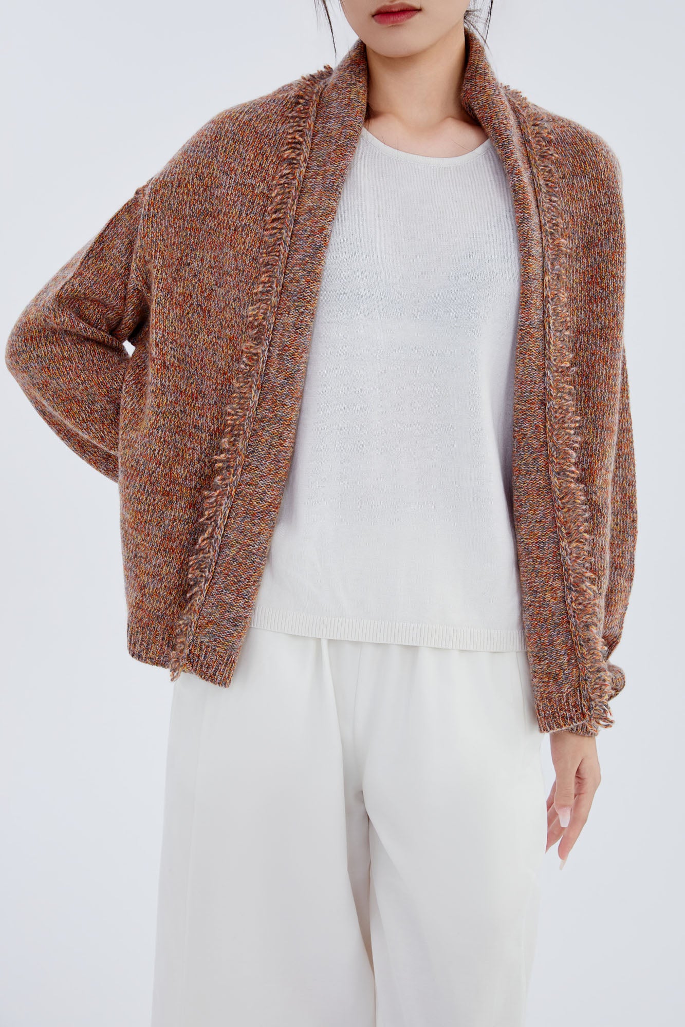 Cashmere Cropped Melange Open Cardigan