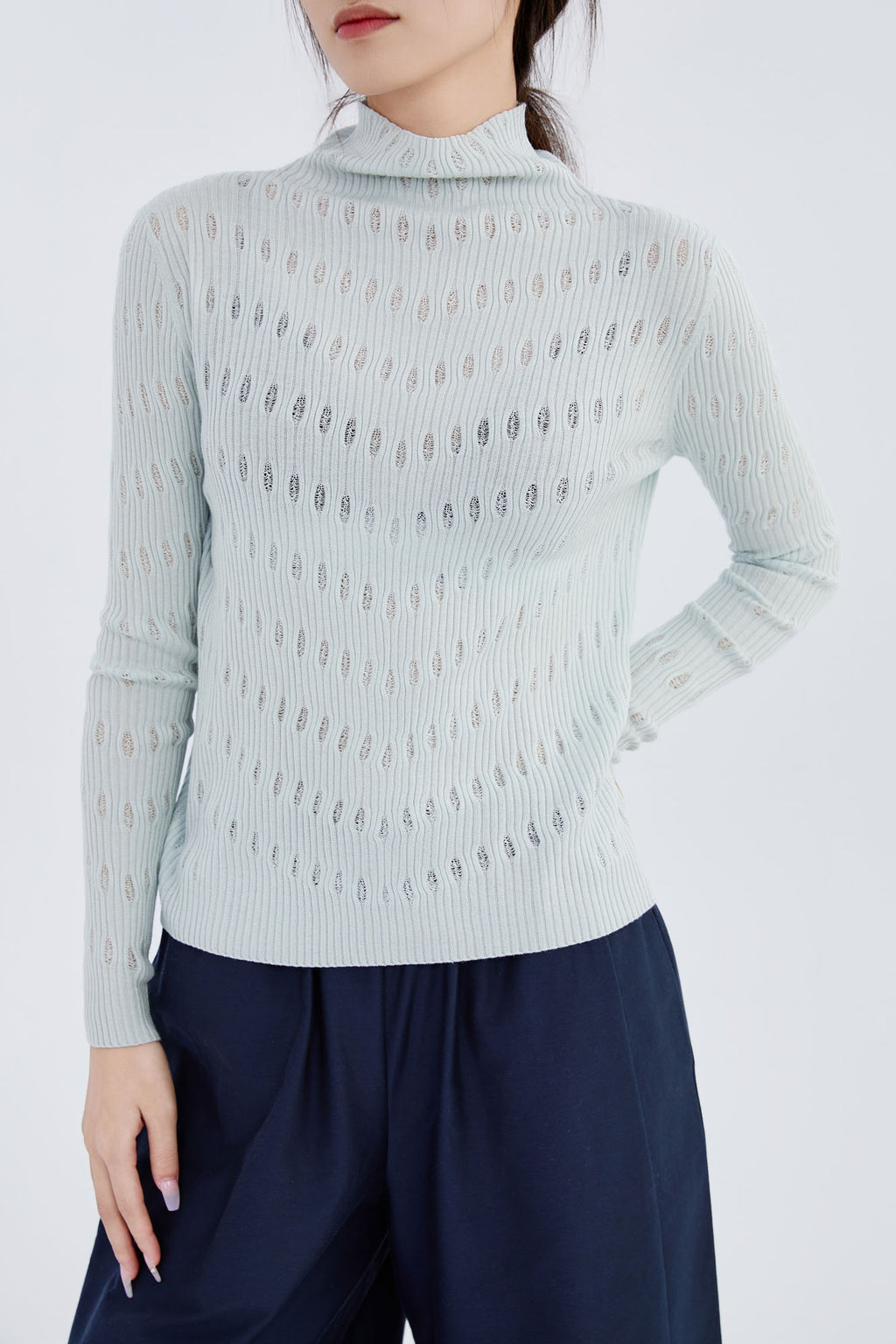Cashmere Mock Neck Open-Knitted Sweater