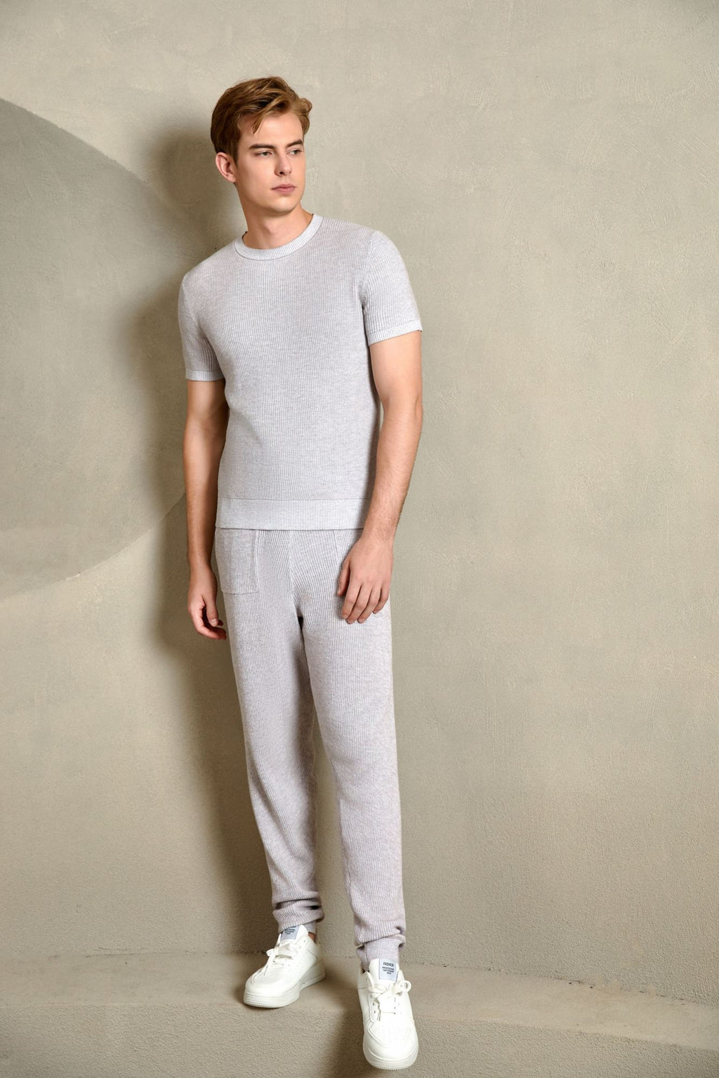Cotton Ribbed Short Sleeve Sweater, Light Grey