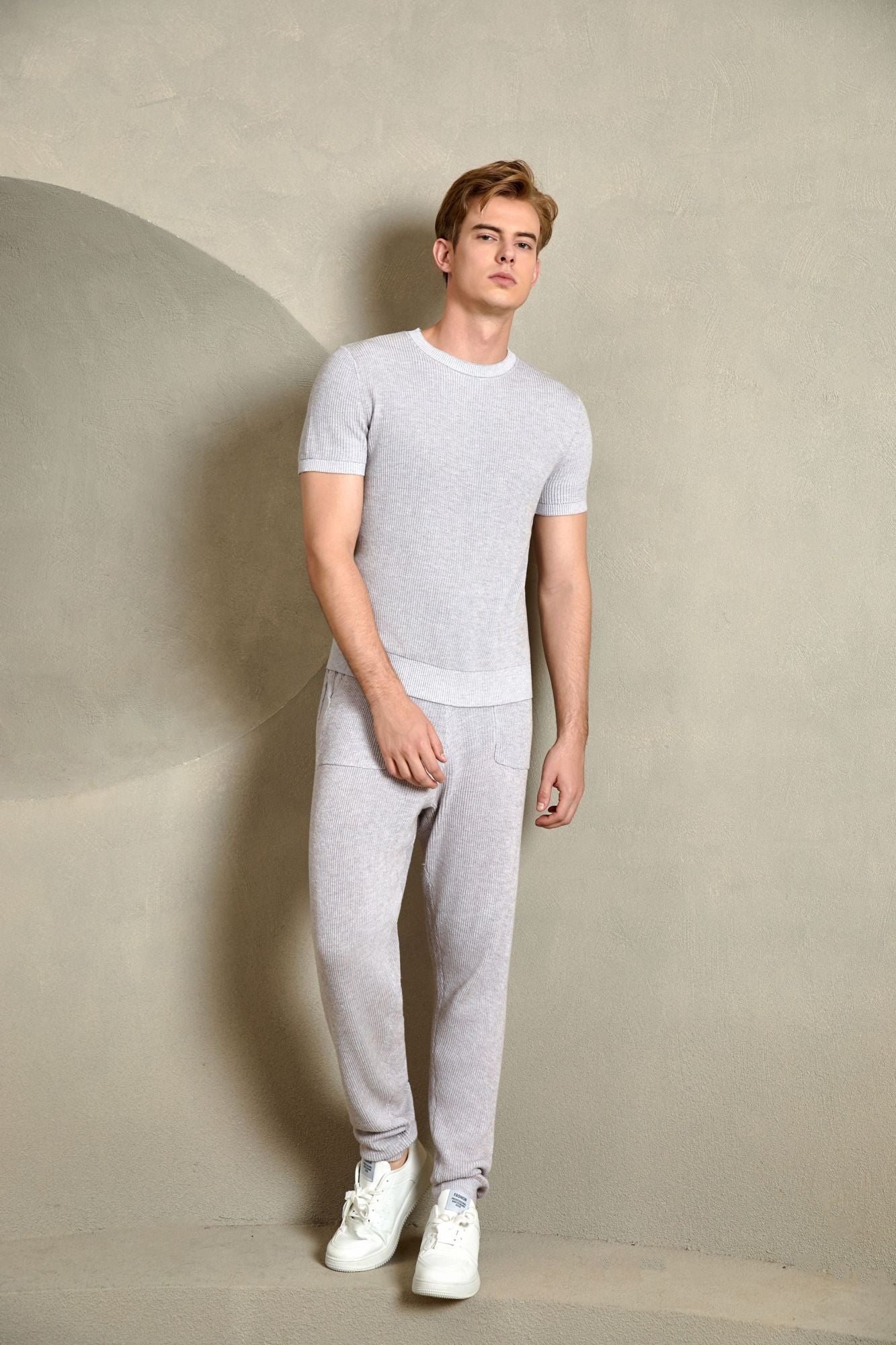 Cotton Ribbed Short Sleeve Sweater, Light Grey