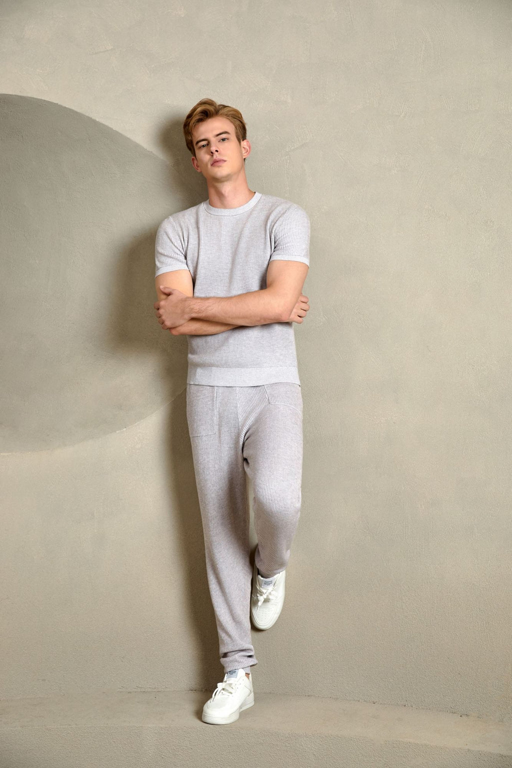 Cotton Ribbed Short Sleeve Sweater, Light Grey