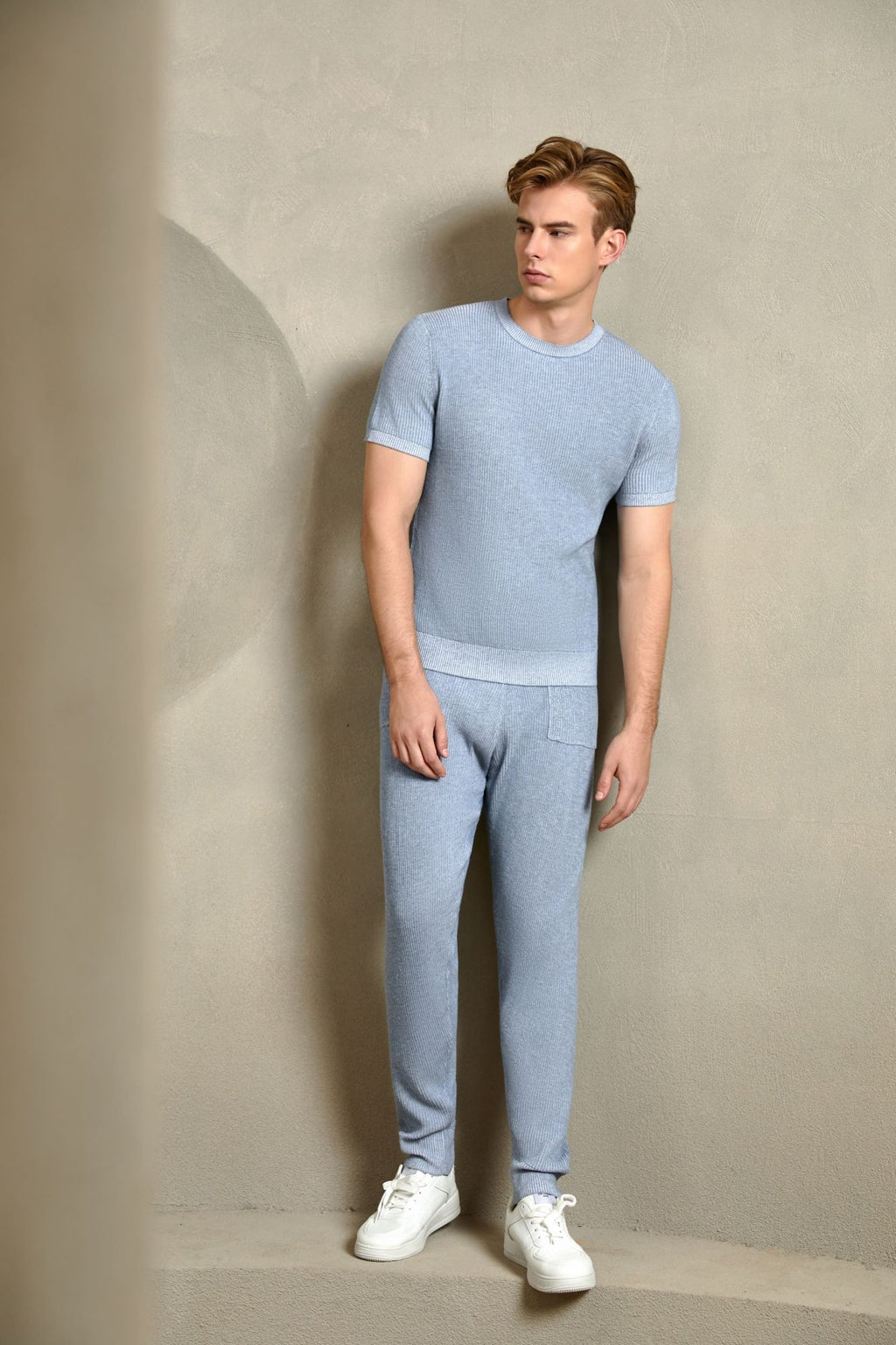 Cotton Ribbed Short Sleeve Sweater, Heather Blue