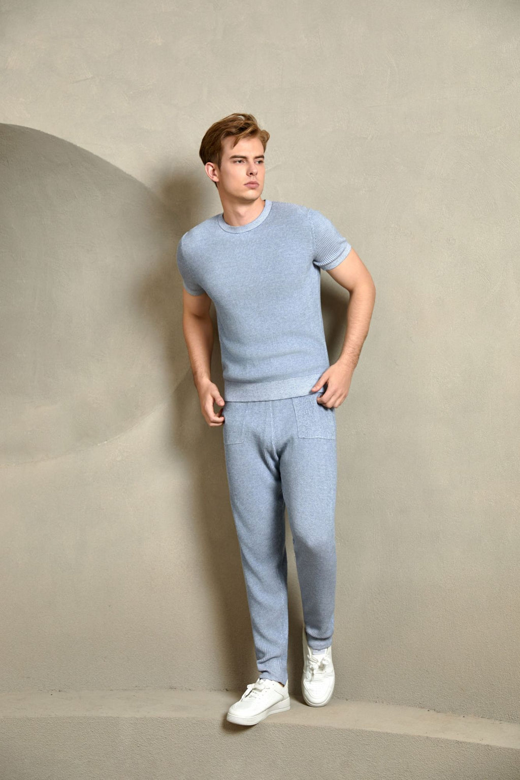 Cotton Ribbed Short Sleeve Sweater, Heather Blue