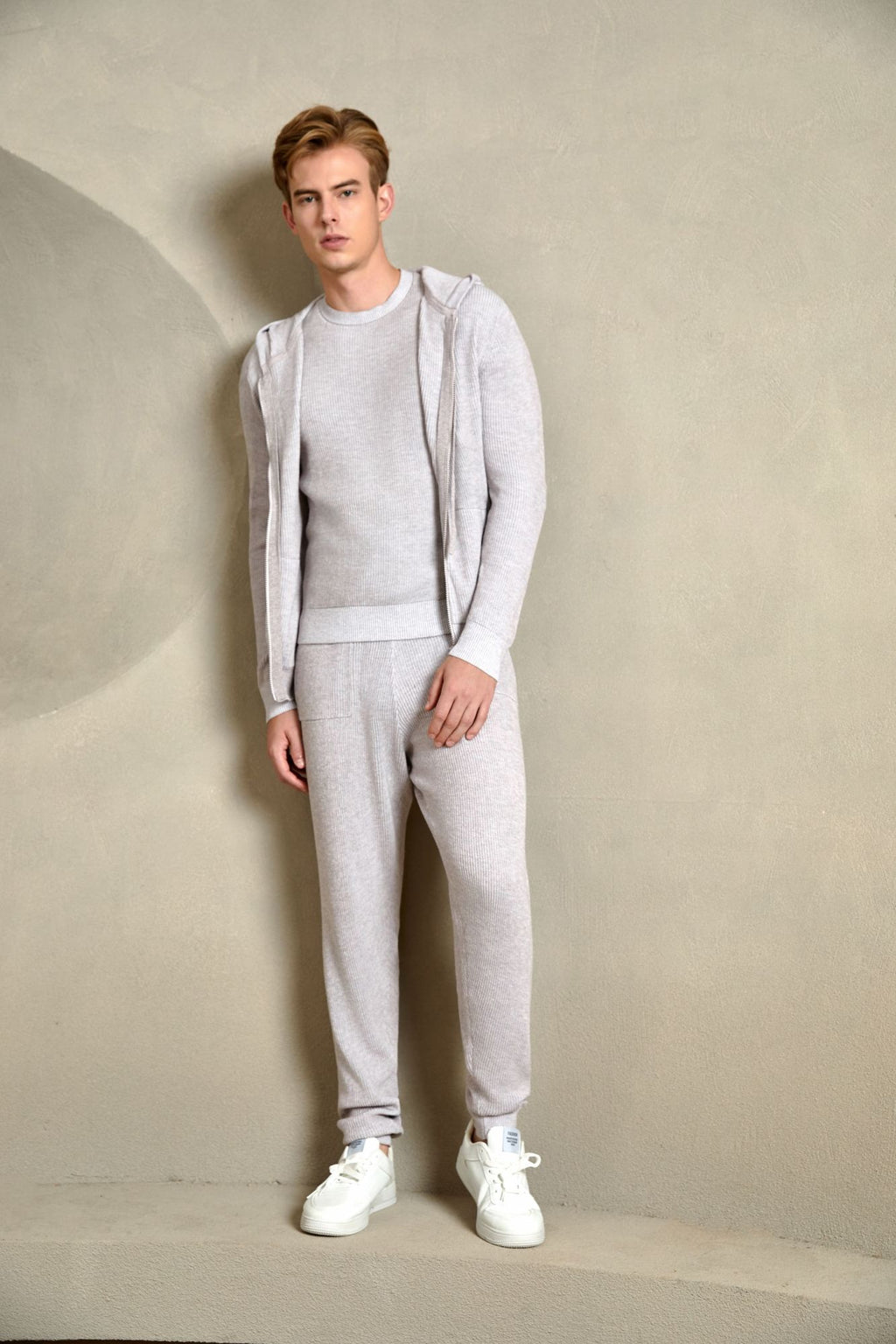 Cotton Ribbed Hoodie, Light Grey