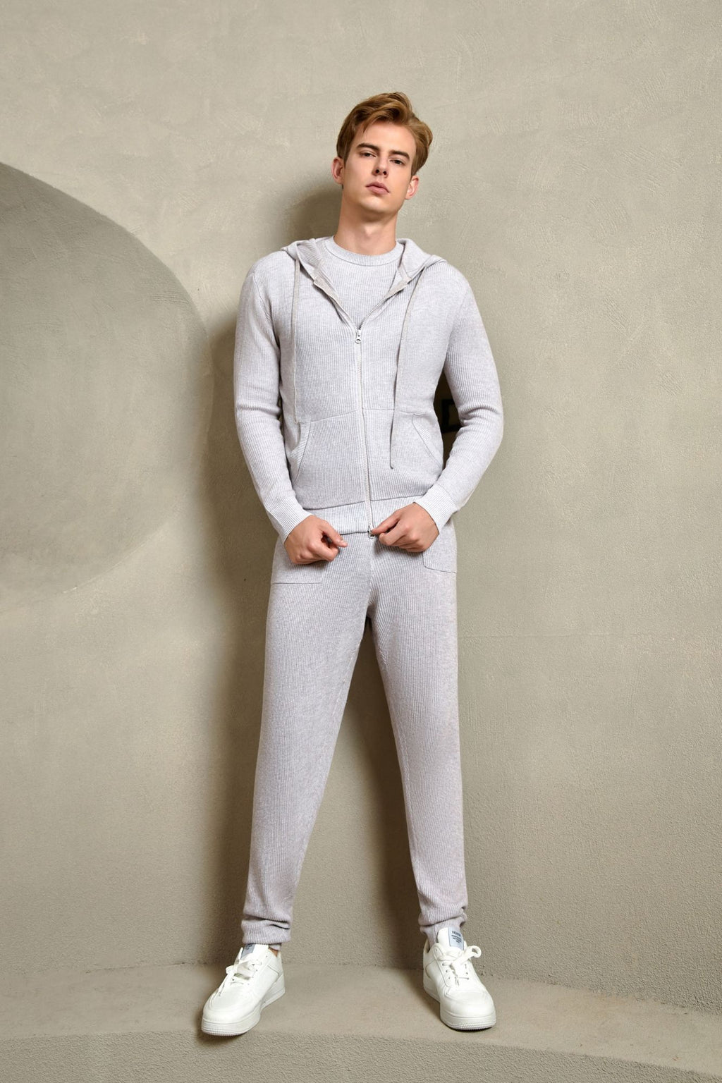 Cotton Ribbed Hoodie, Light Grey