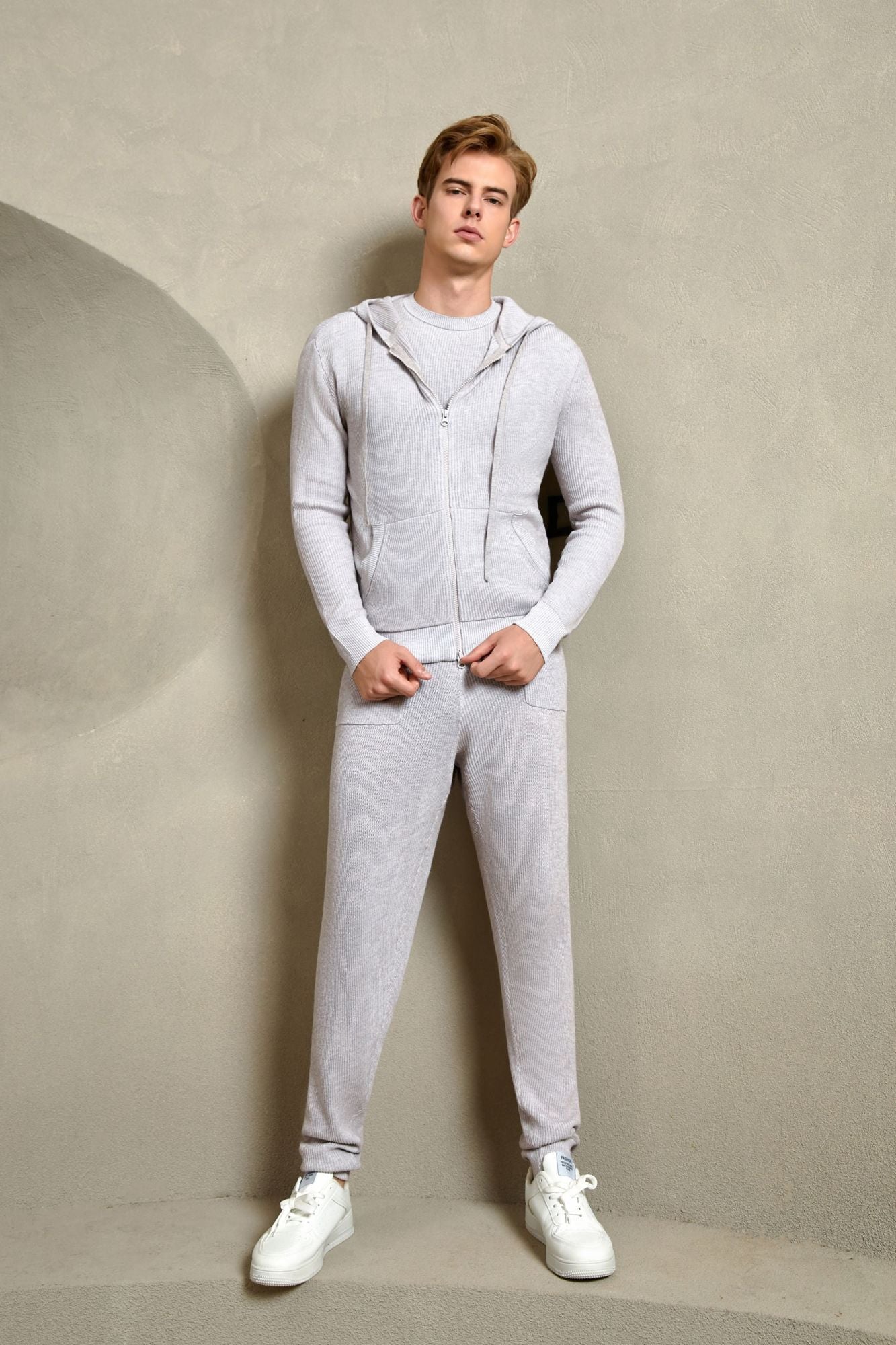 Cotton Ribbed Hoodie, Light Grey