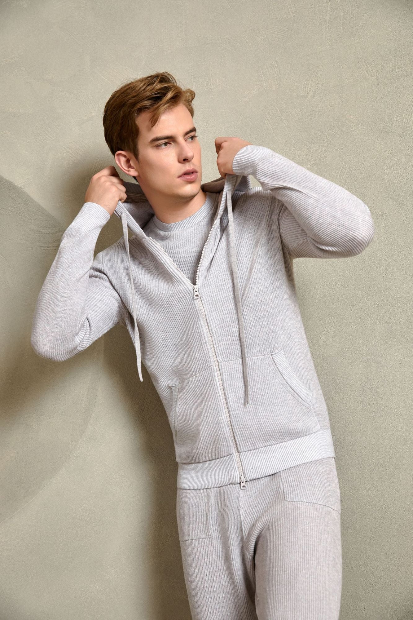 Cotton Ribbed Hoodie, Light Grey