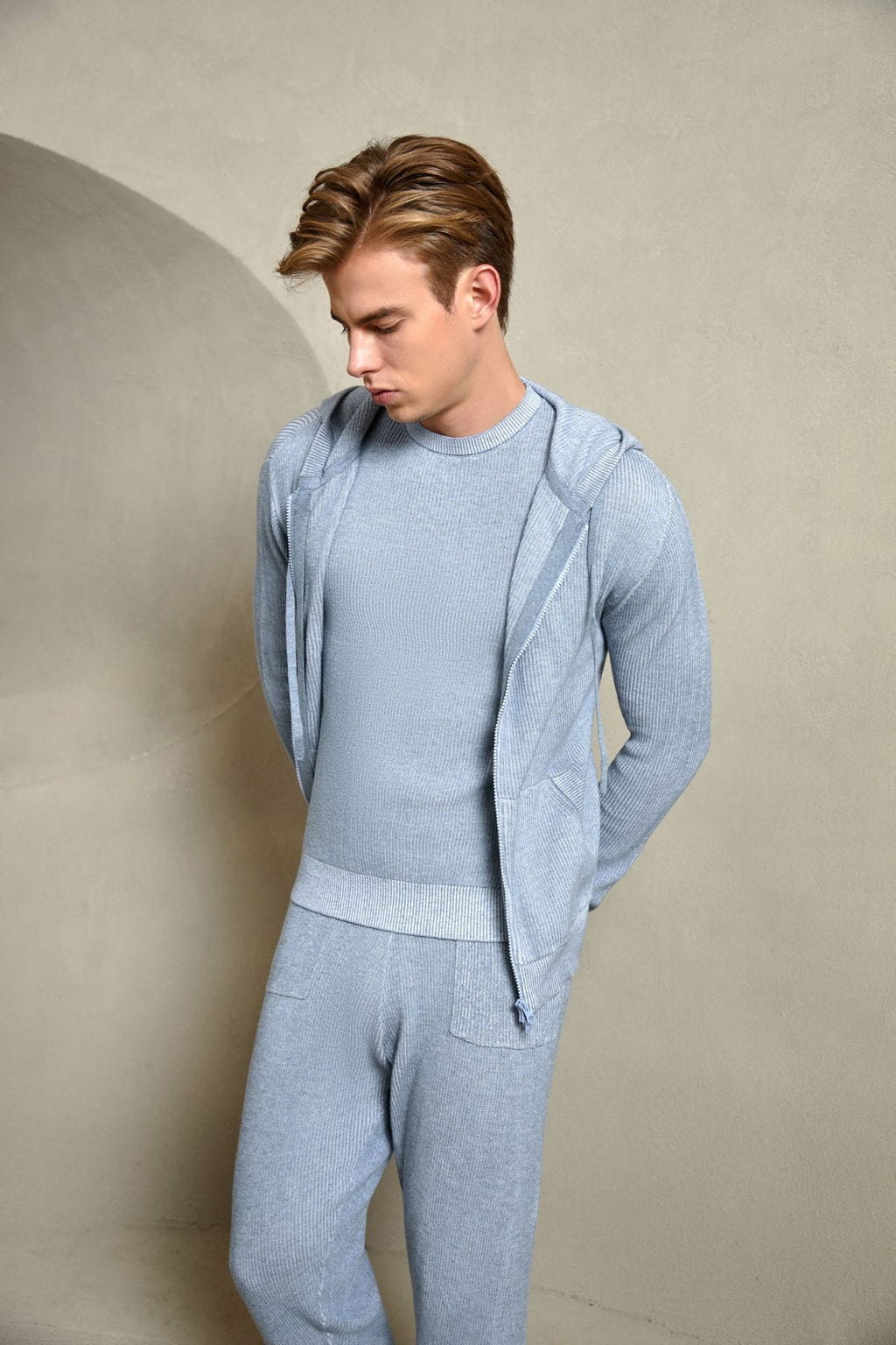Cotton Ribbed Hoodie, Heather Blue
