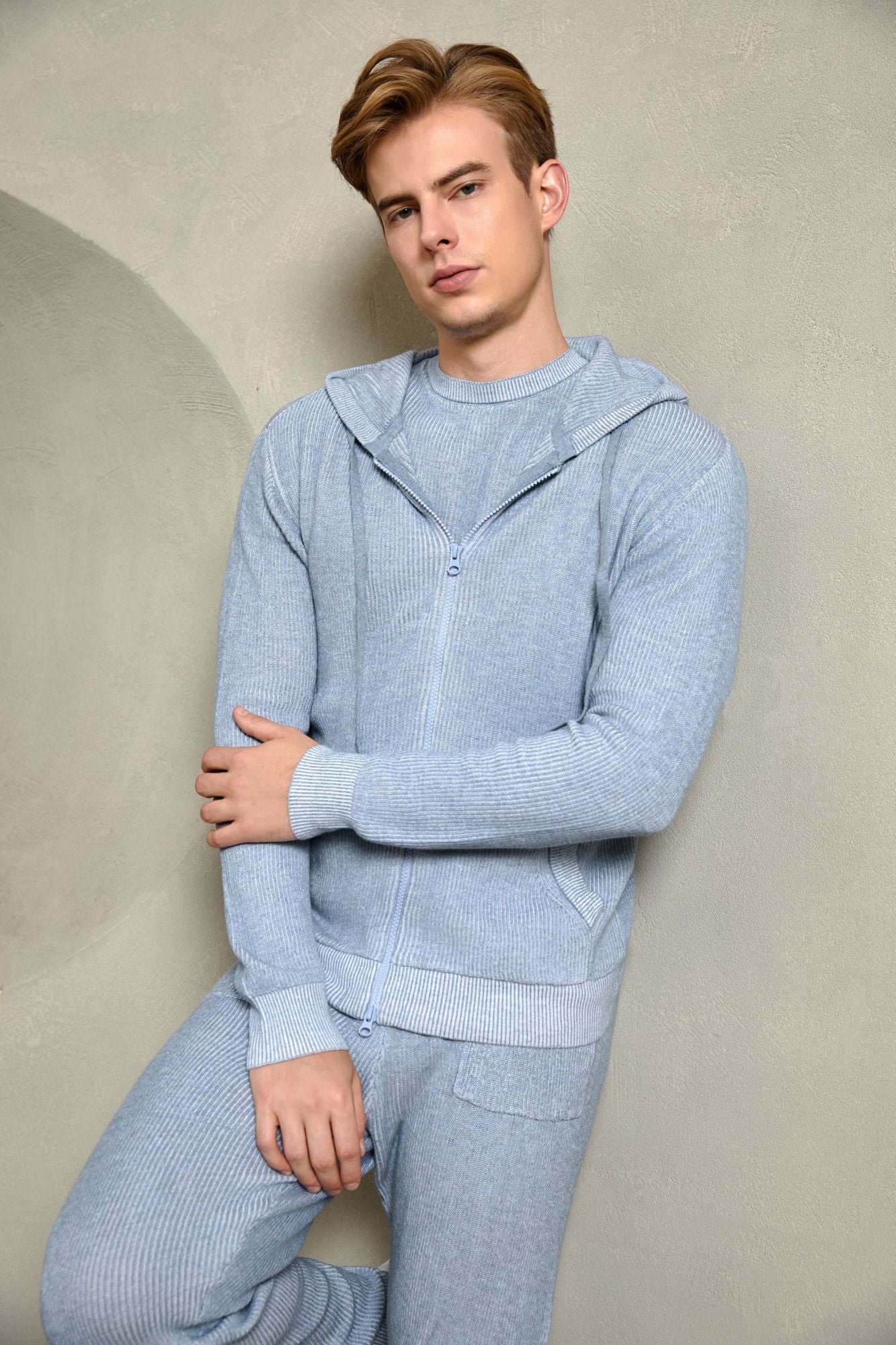 Cotton Ribbed Hoodie, Heather Blue