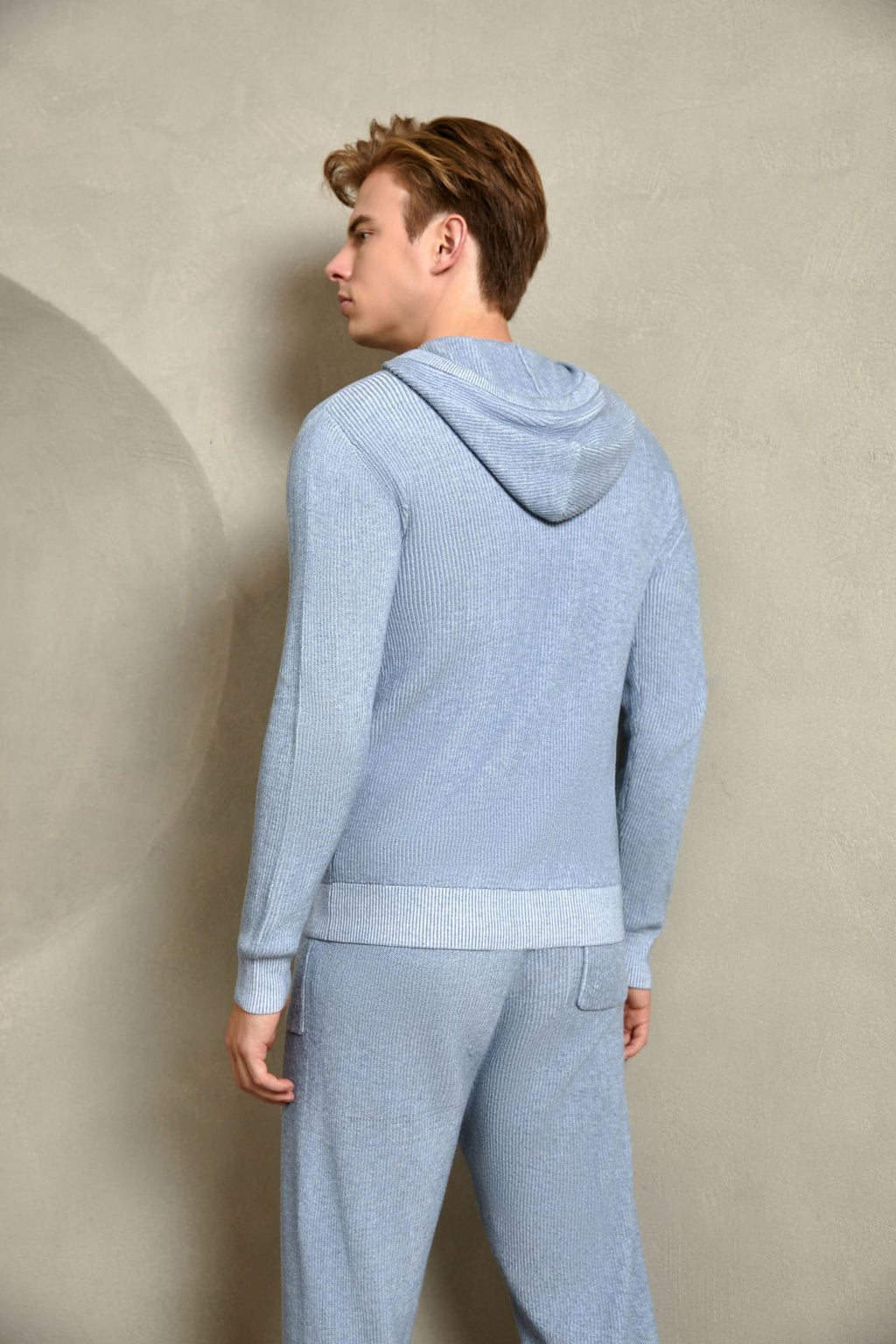 Cotton Ribbed Hoodie, Heather Blue