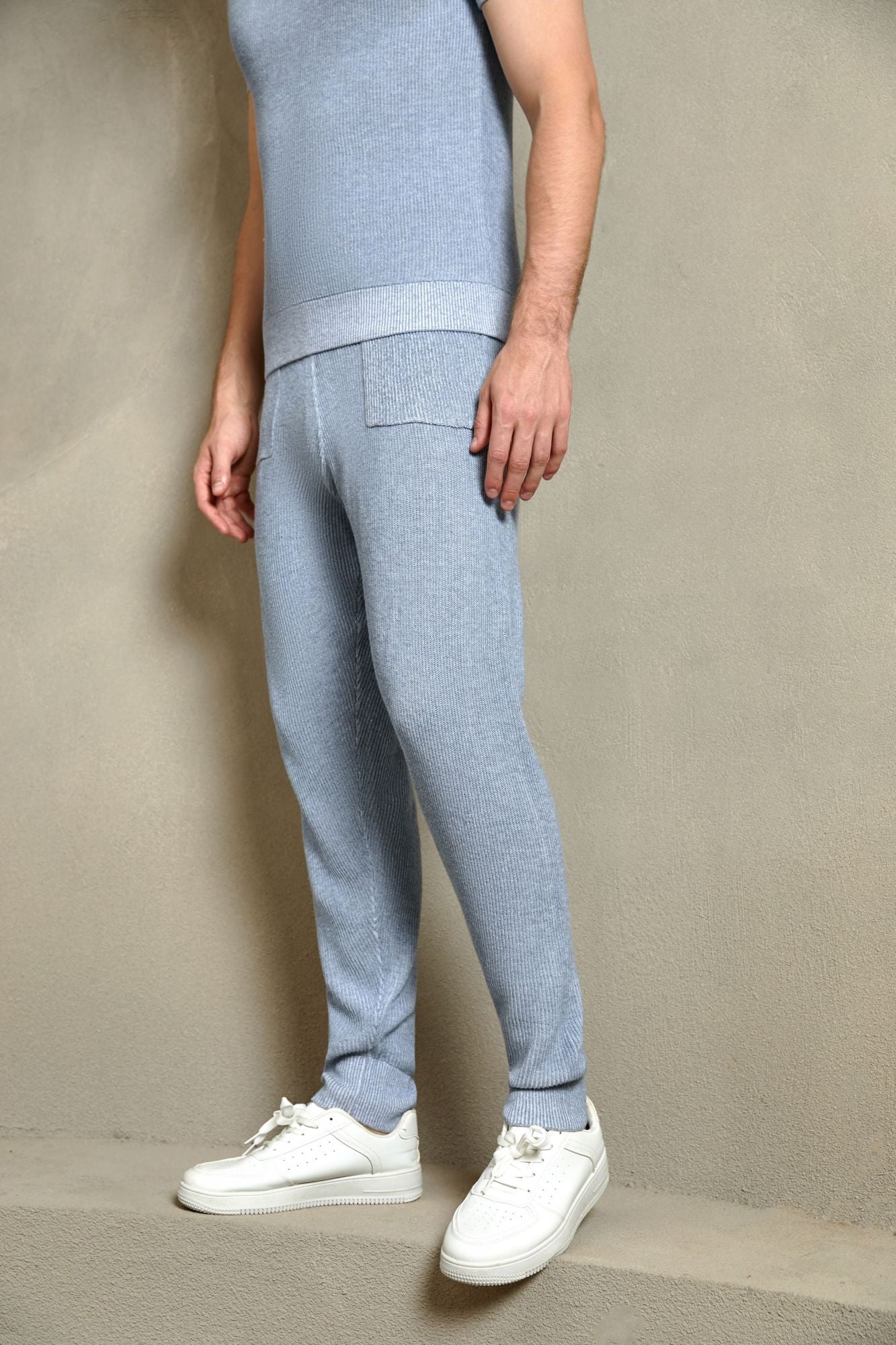 Cotton Ribbed Jogger Pants, Heather Blue