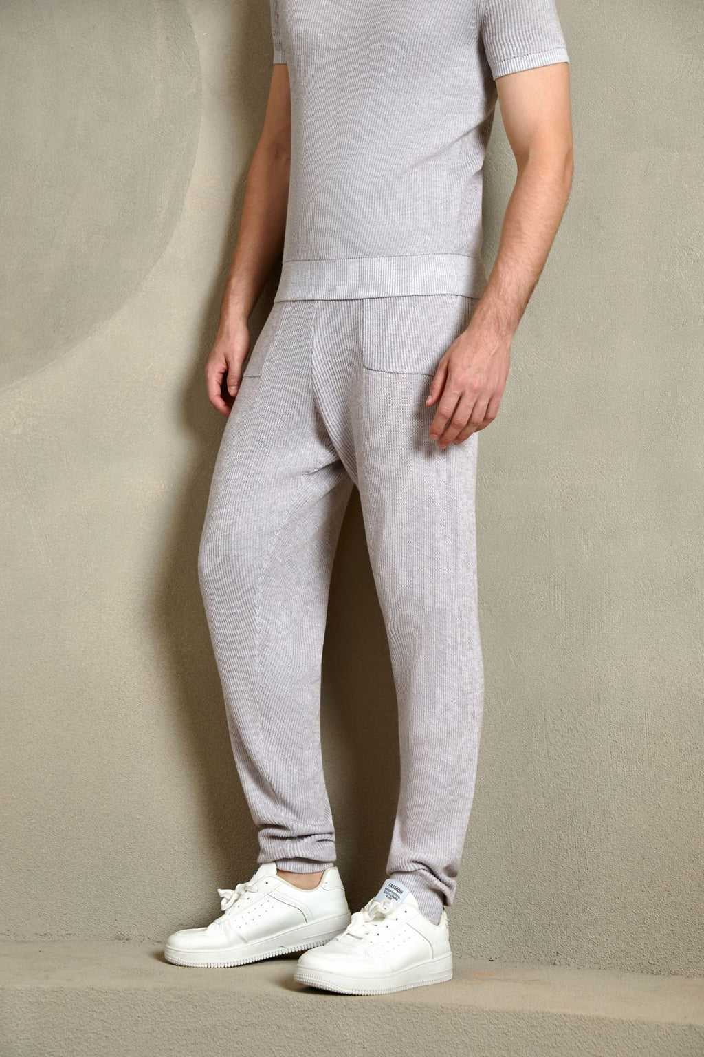 Cotton Ribbed Jogger Pants, Light Grey