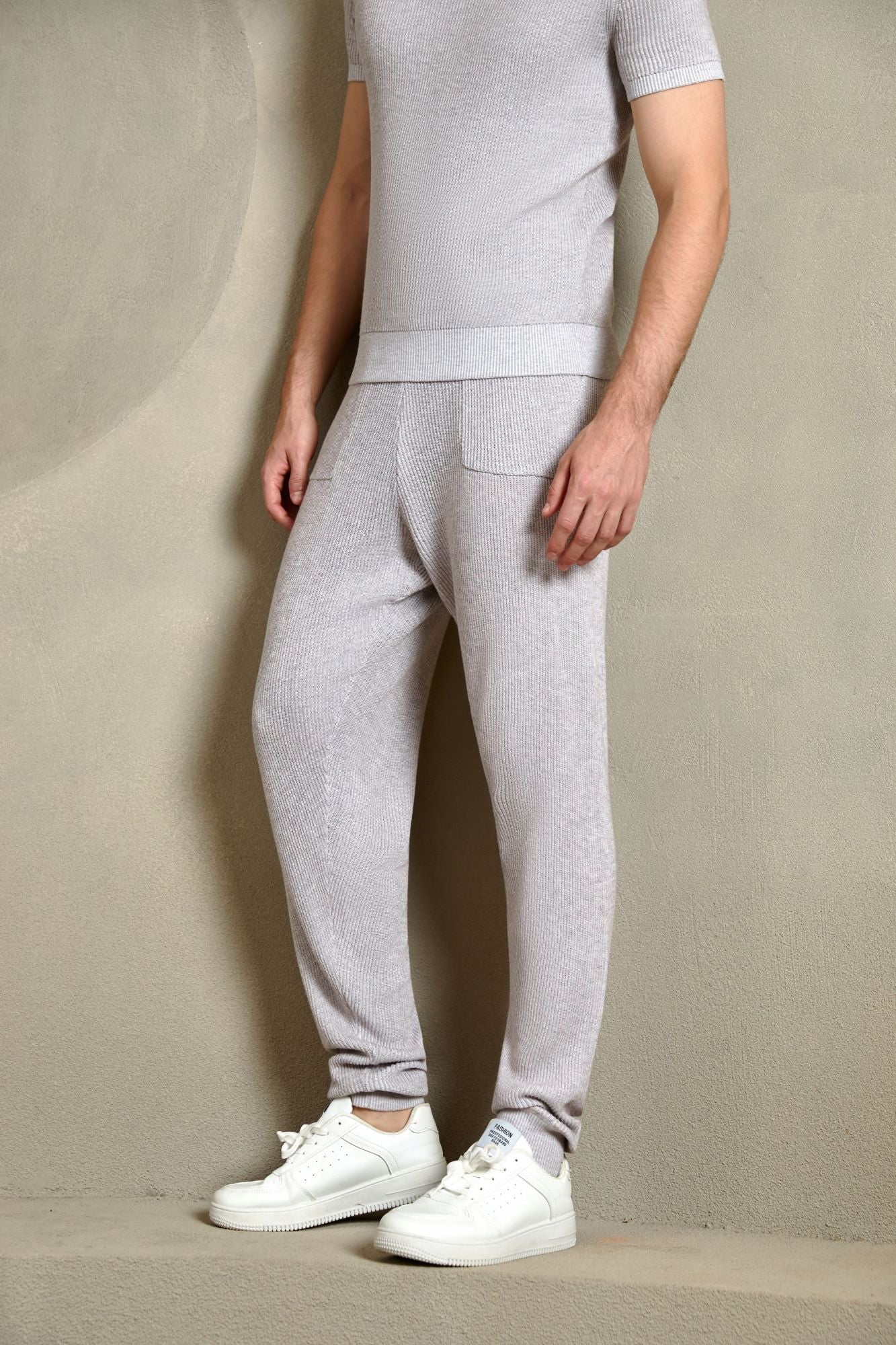 Cotton Ribbed Jogger Pants, Light Grey