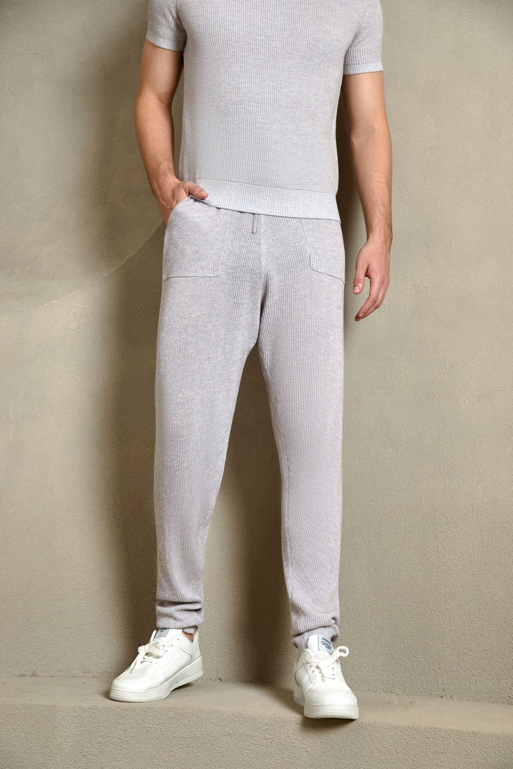 Cotton Ribbed Jogger Pants, Light Grey