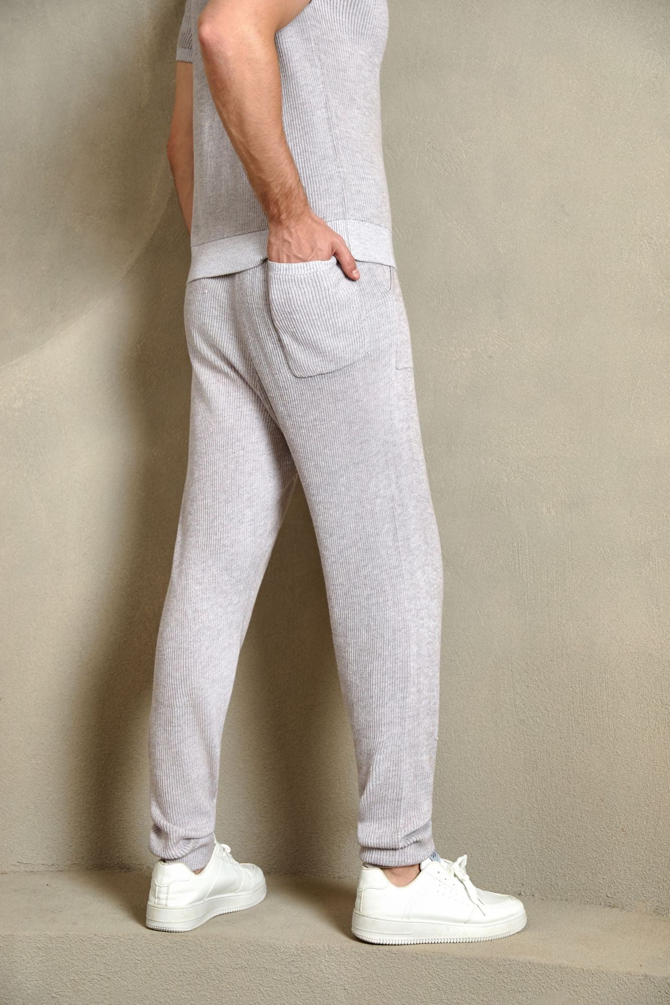 Cotton Ribbed Jogger Pants, Light Grey