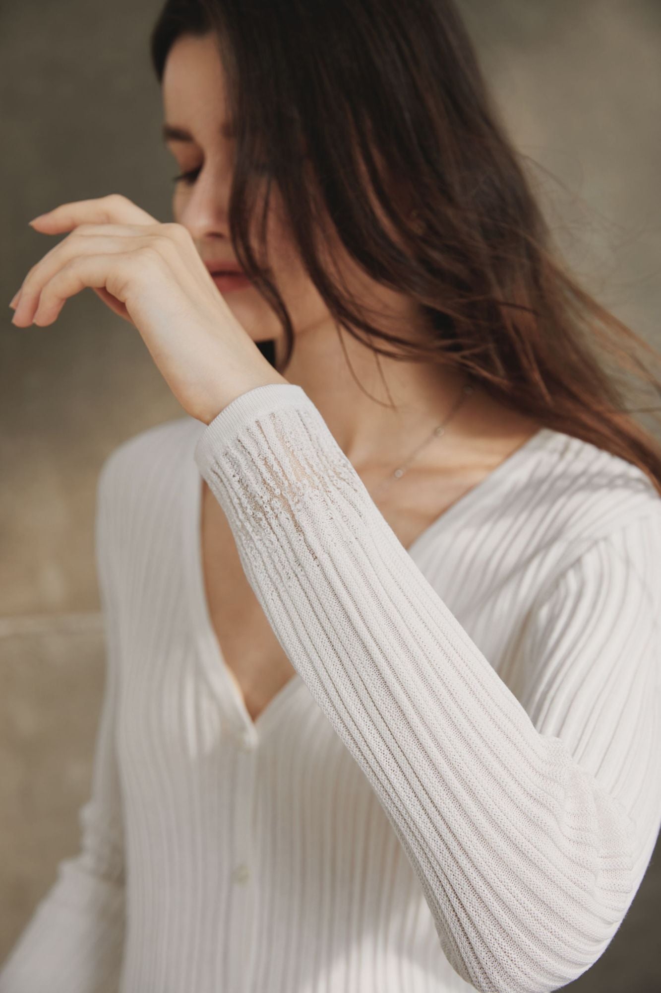 Silk Cotton Ribbed Cardigan with Lace Detail