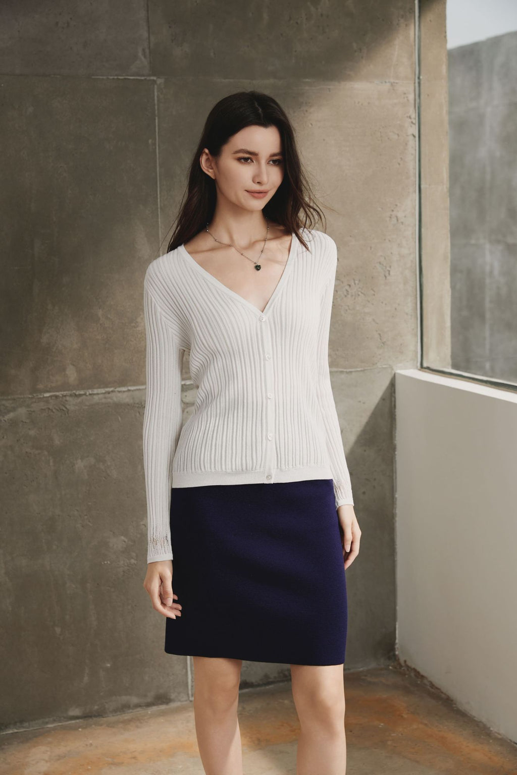 Silk Cotton Ribbed Cardigan with Lace Detail