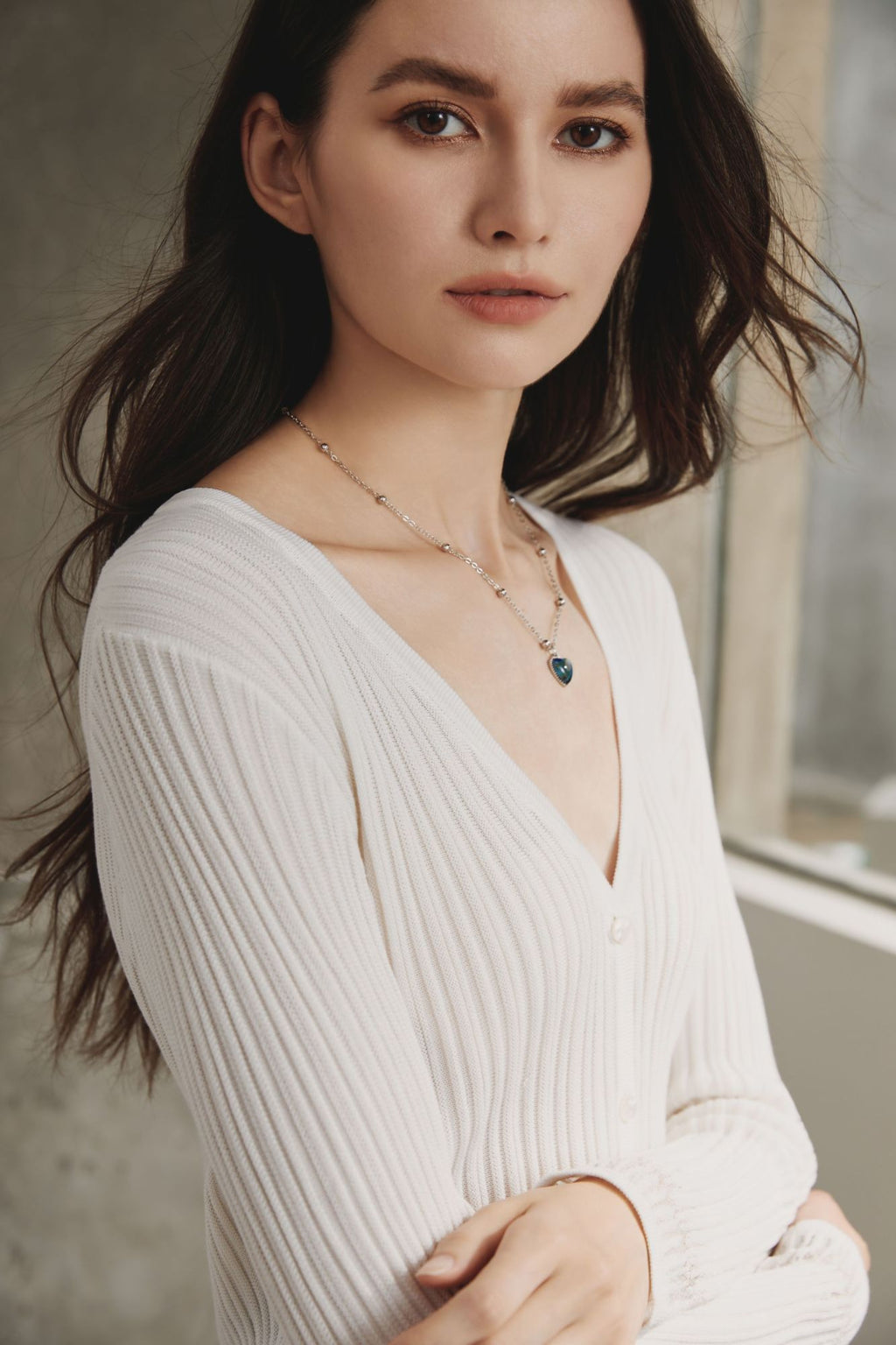 Silk Cotton Ribbed Cardigan with Lace Detail