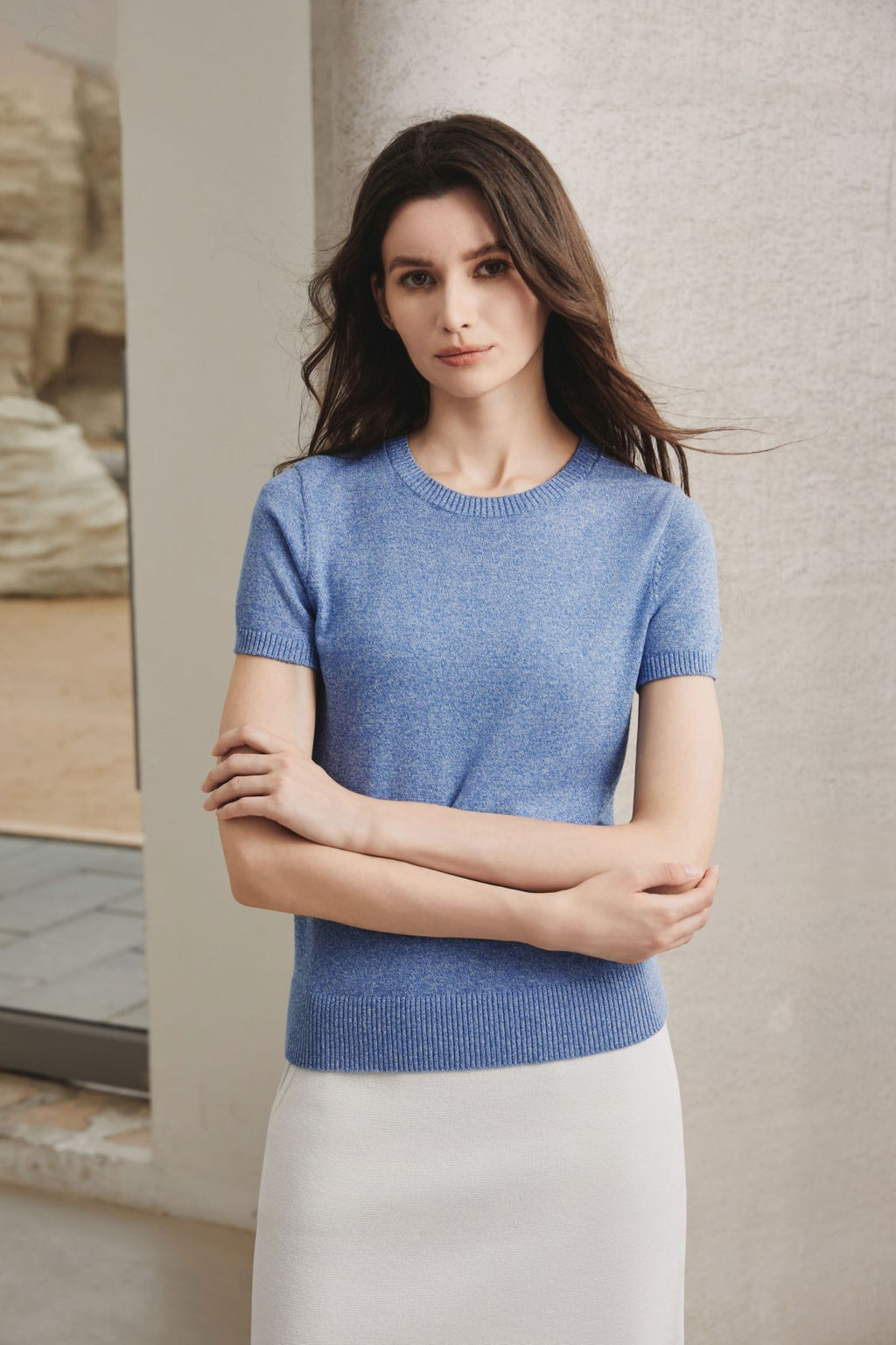Cotton Melange Short Sleeve Sweater, Heather Blue