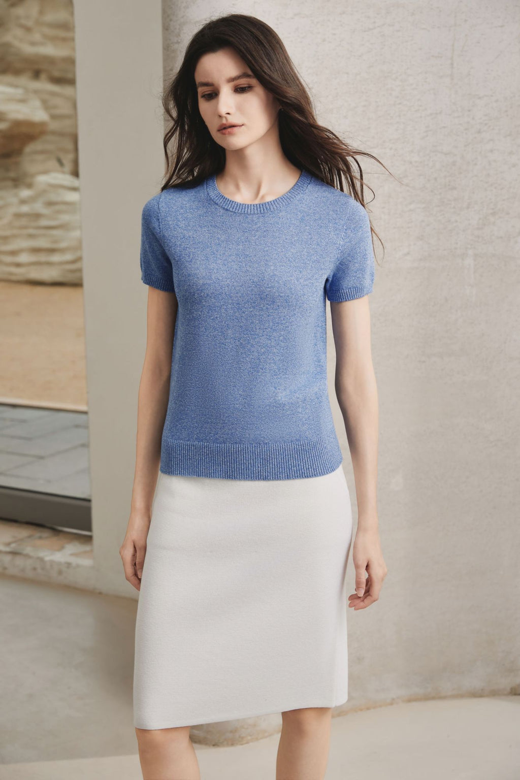 Cotton Melange Short Sleeve Sweater, Heather Blue