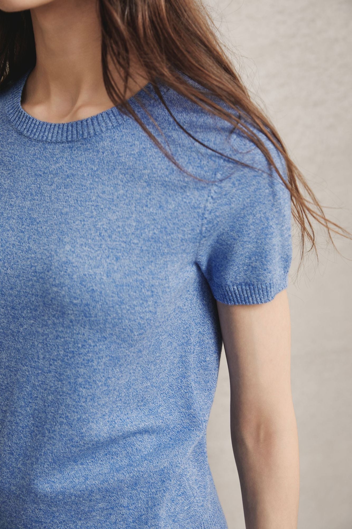 Cotton Melange Short Sleeve Sweater, Heather Blue