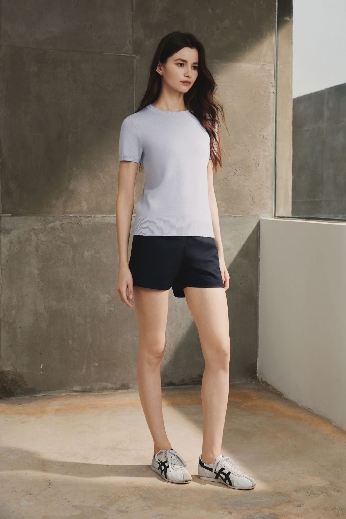 Cotton Melange Short Sleeve Sweater, Light Grey