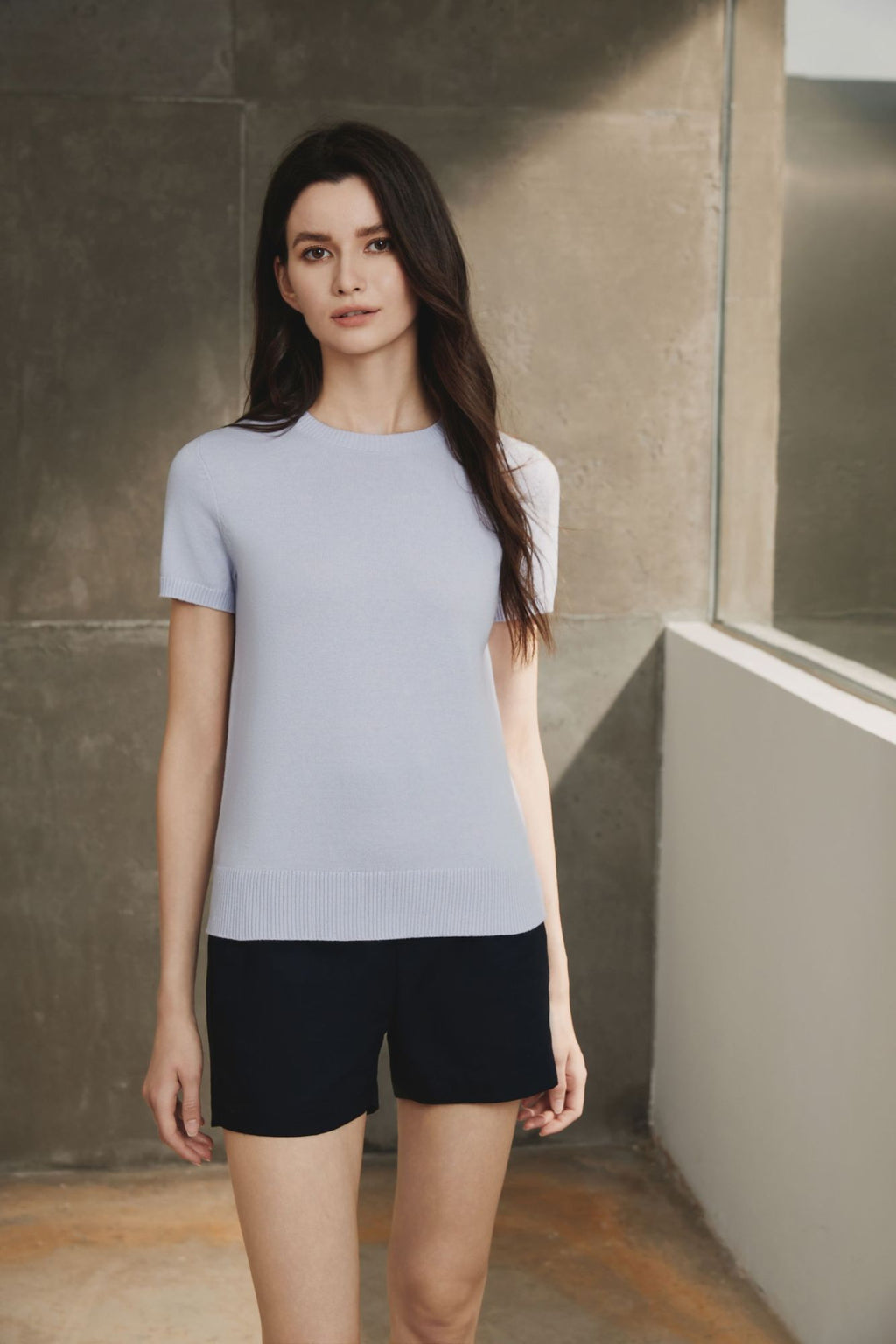 Cotton Melange Short Sleeve Sweater, Light Grey