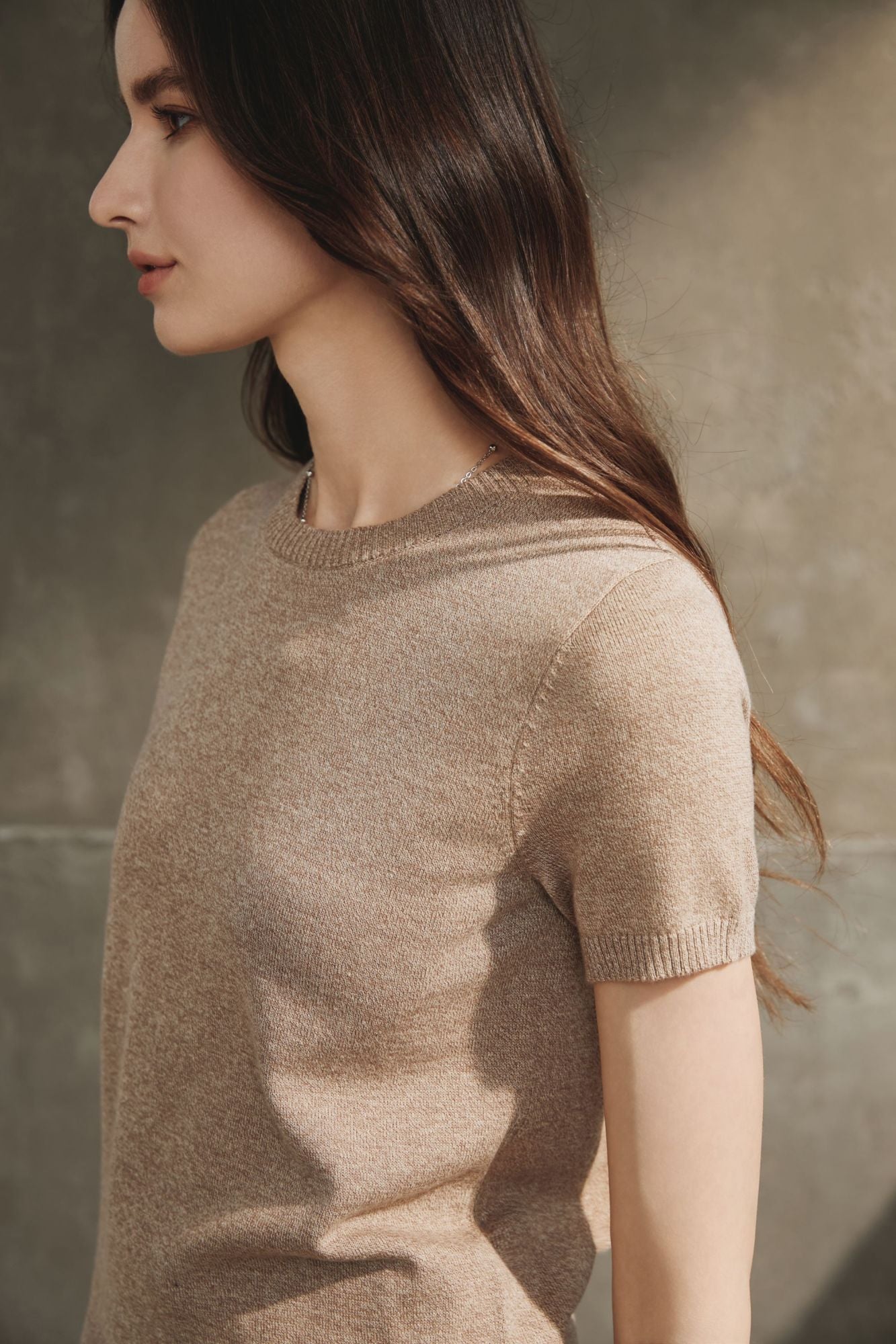 Cotton Melange Short Sleeve Sweater, Taupe