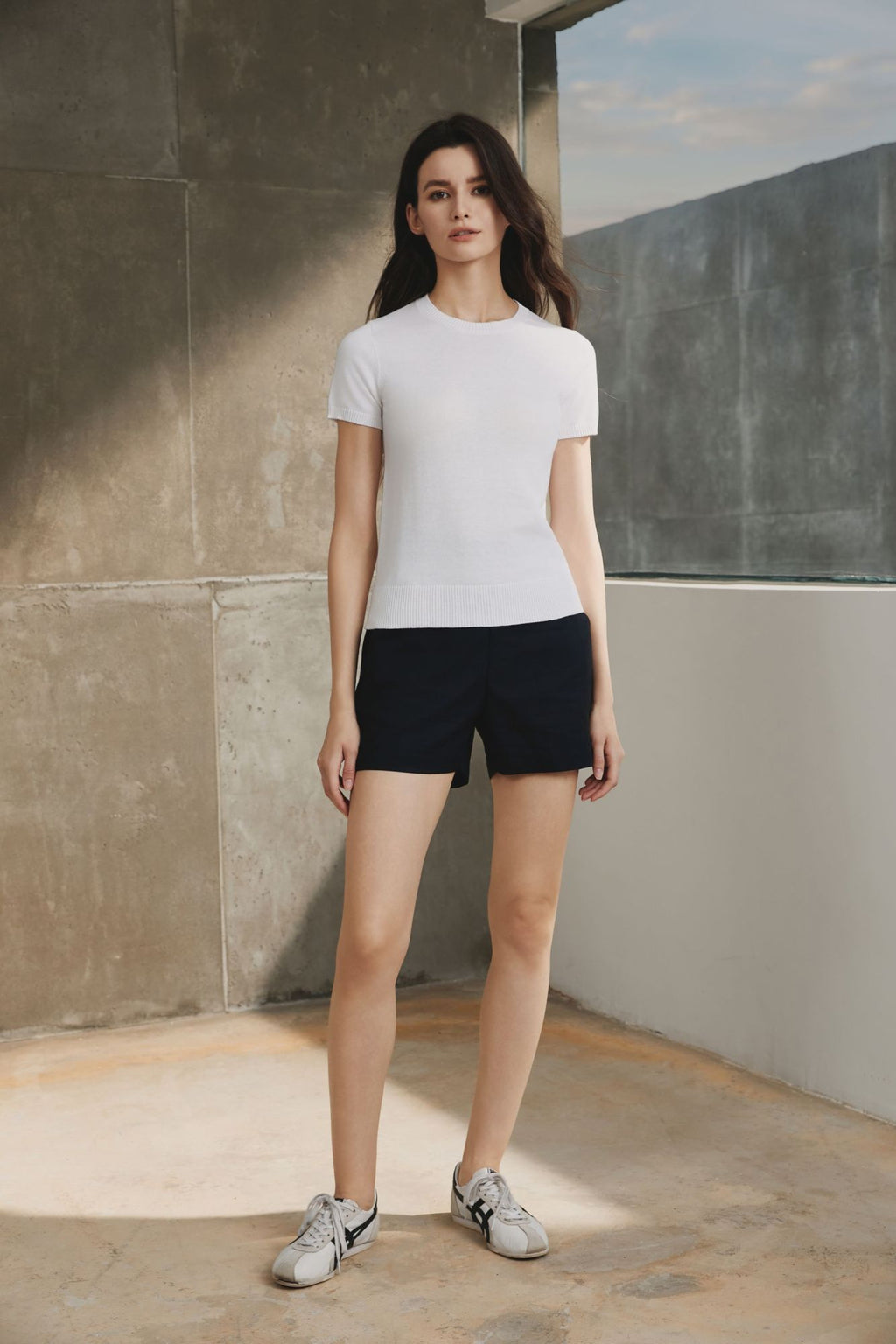 Cotton Melange Short Sleeve Sweater, White