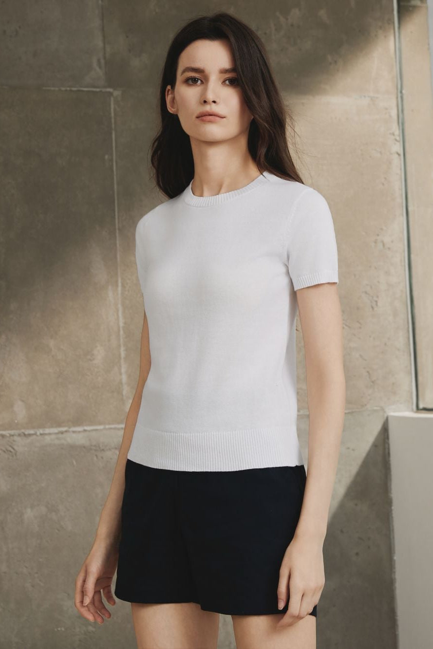 Cotton Melange Short Sleeve Sweater, White