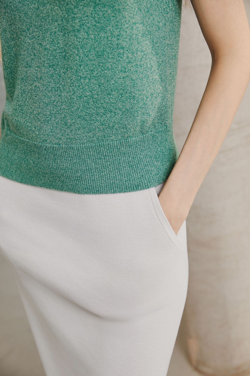 Cotton Melange Polo Short Sleeve Sweater, Jade