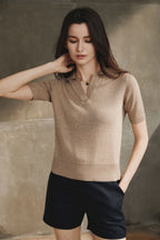 Cotton Melange Polo Short Sleeve Sweater
