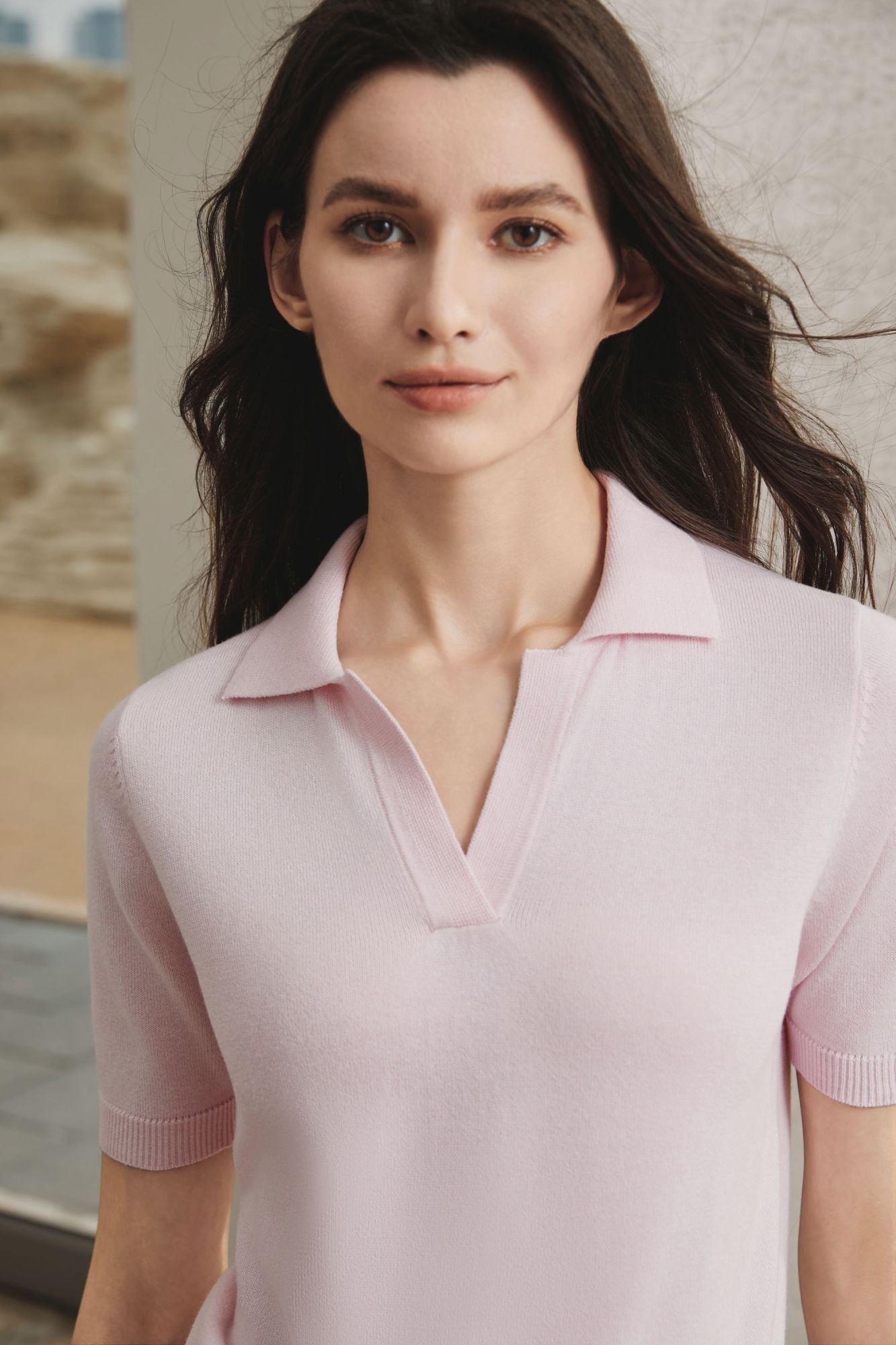 Cotton Melange Polo Short Sleeve Sweater, Misty Rose