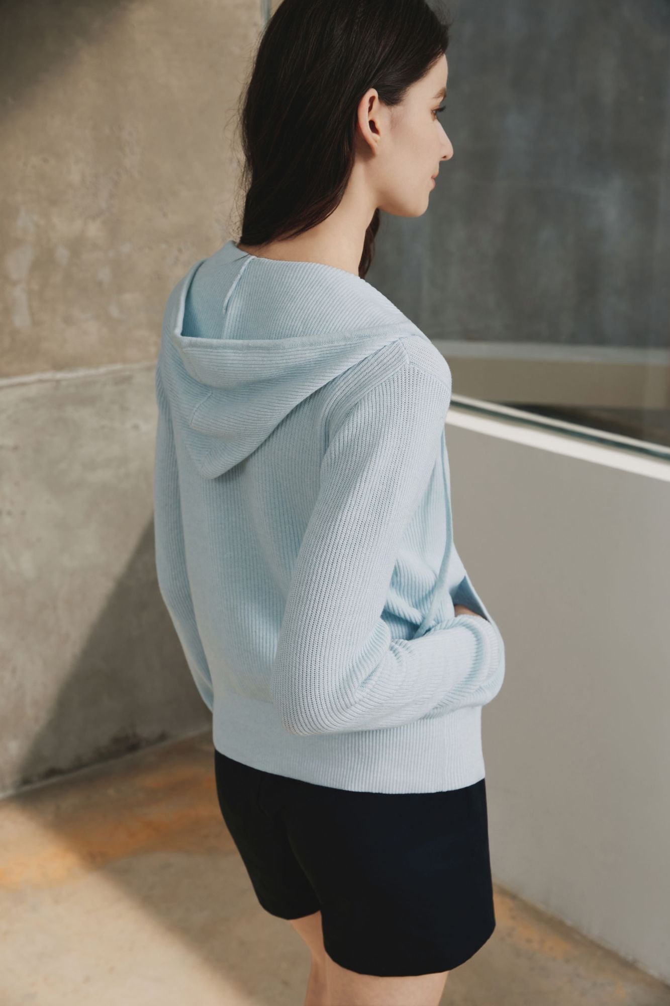 Cotton Ribbed Hoodie, Azureish White